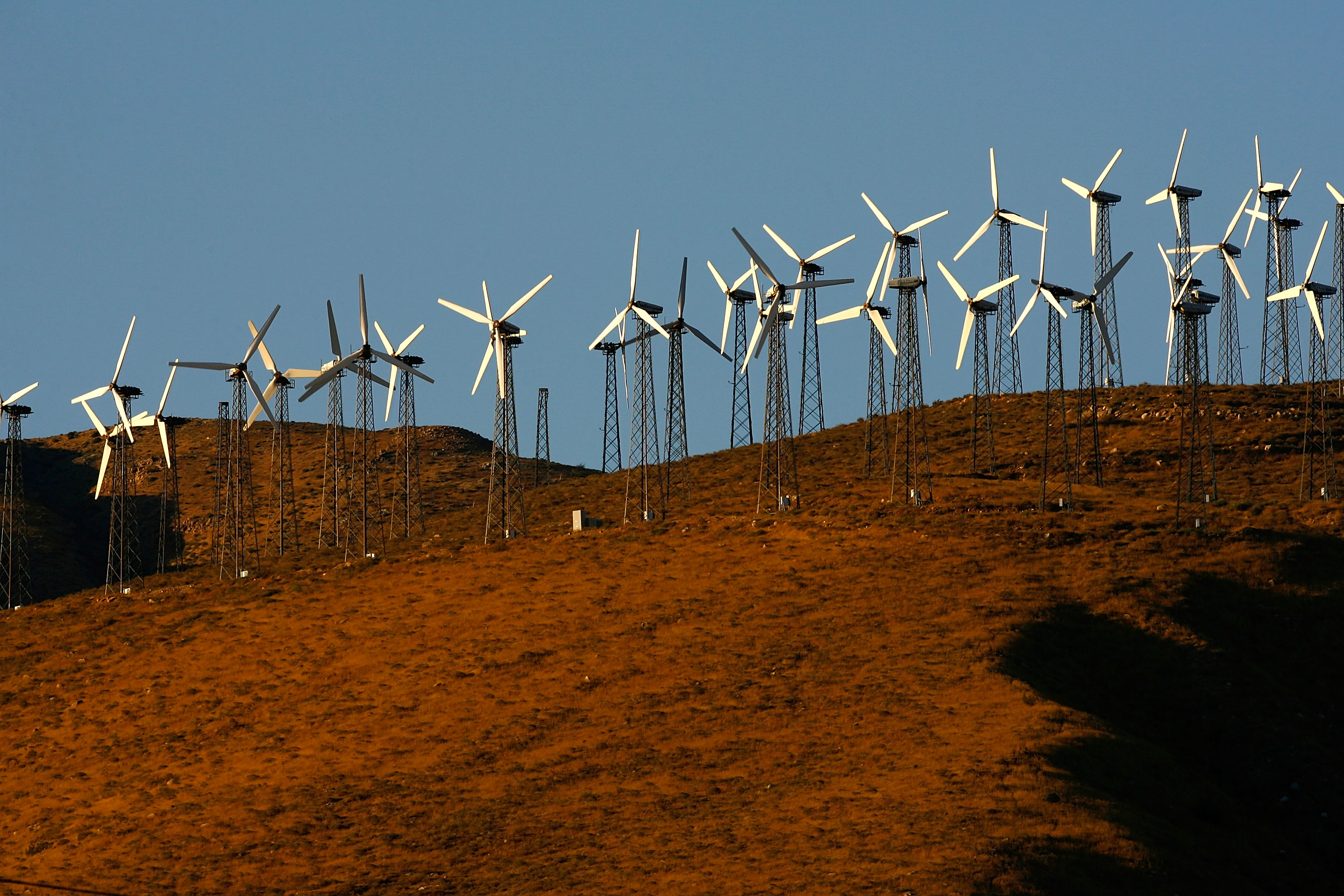 Wind turbines are powered by strong prevailing winds near Palm Springs, California.