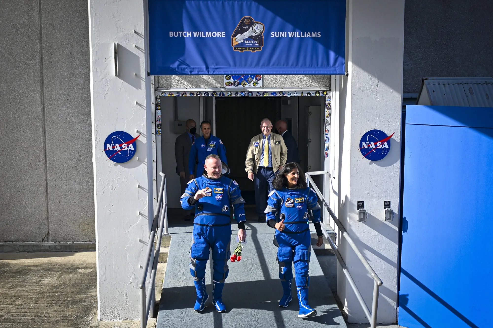 NASA astronauts&nbsp;Barry “Butch” Wilmore&nbsp;and&nbsp;Sunita “Suni” Williams&nbsp;wave as they prepare to board the Boeing CST-100 Starliner spacecraft on June 1.