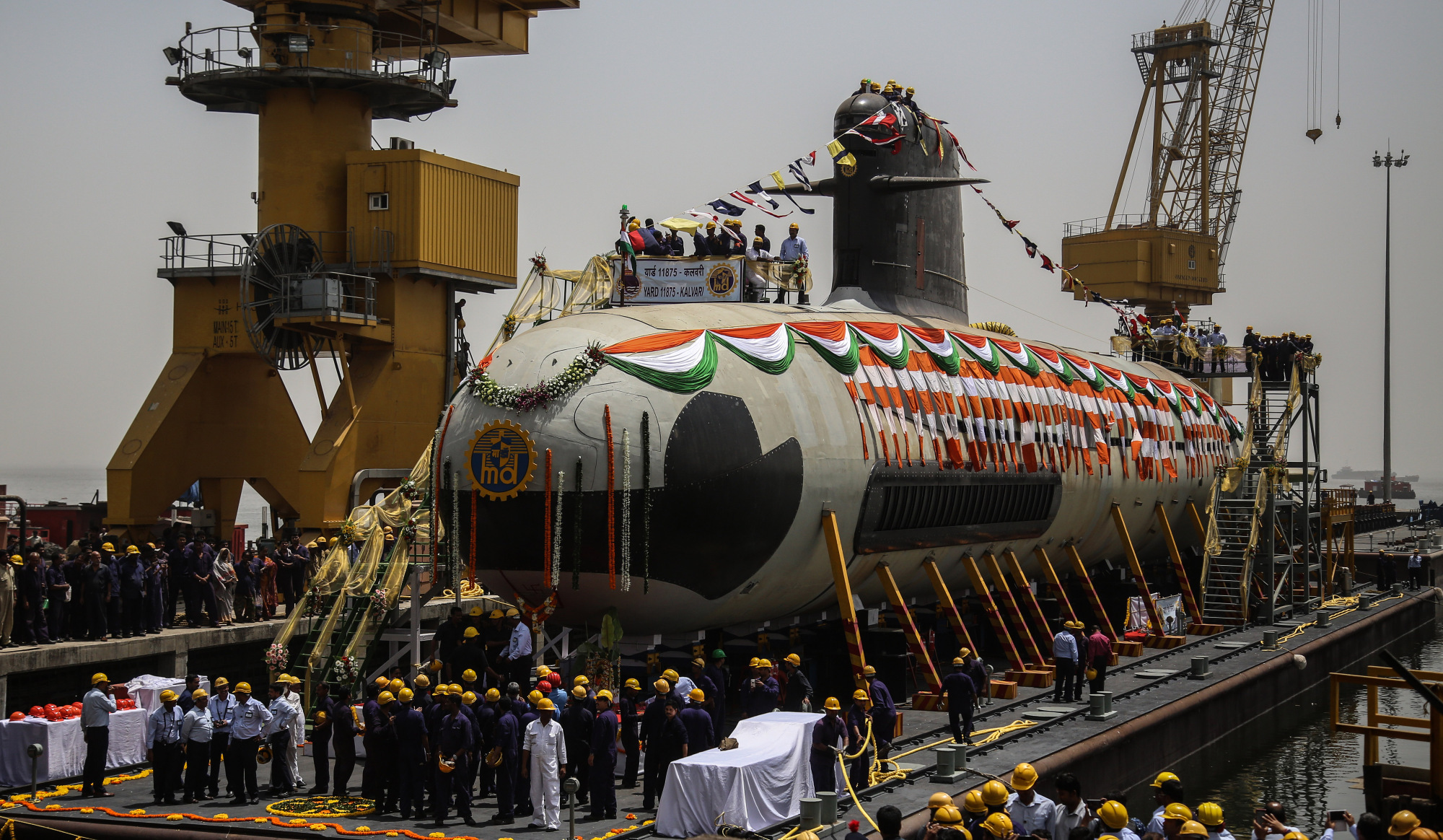 The undocking of Indian Navy's first Scorpene Submarine INS Kalvari in April 2015.
