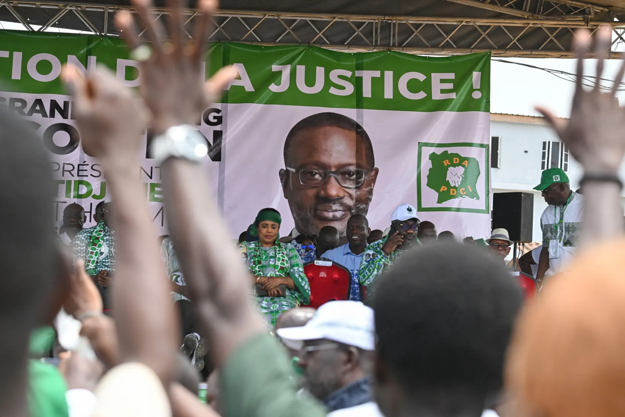 Democratic Party of Ivory Coast supporters attend a rally for Tidjane Thiam in Abidjan, on May 3.