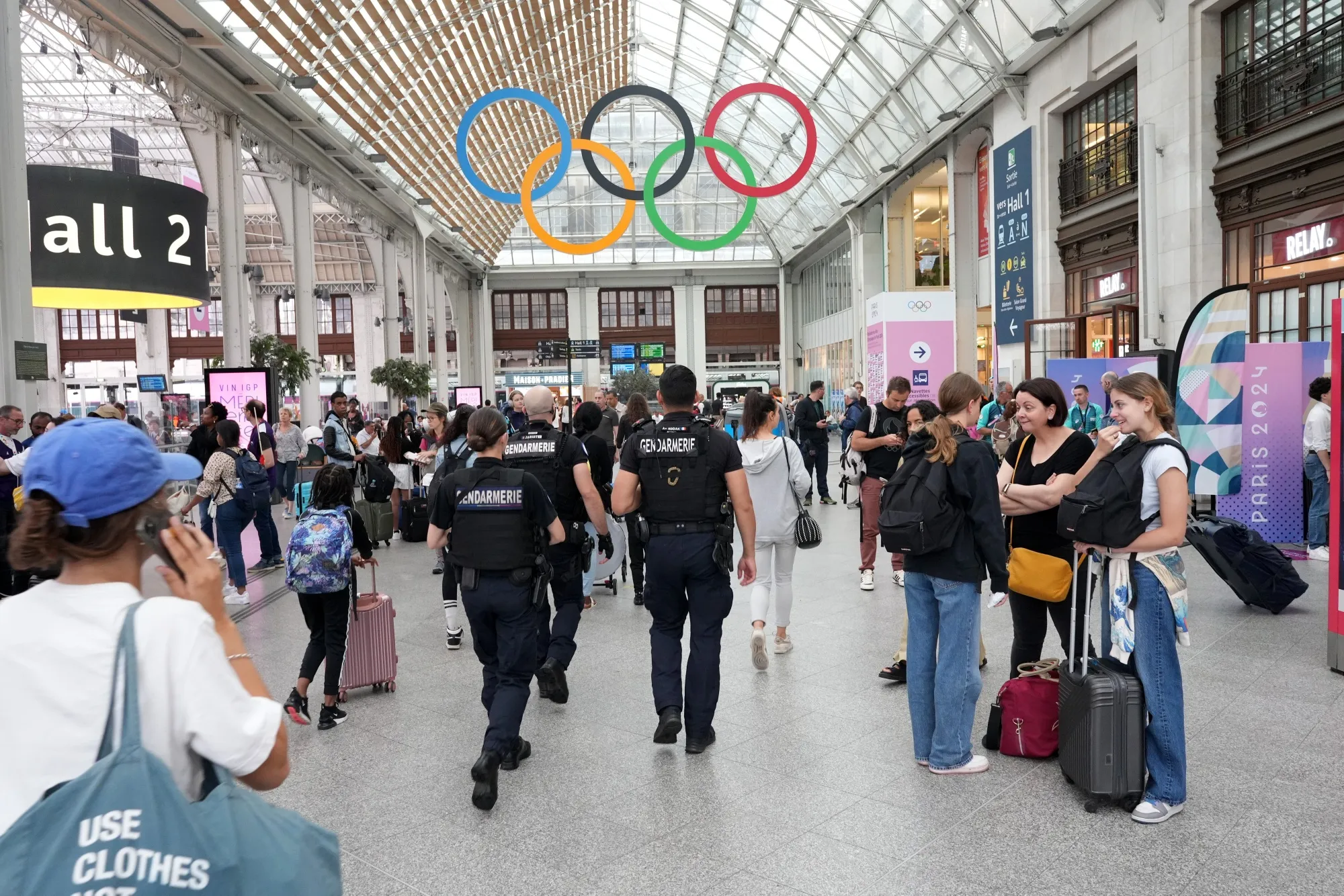 Police officers patrol&nbsp;during service disruptions at Gare de Lyon railway station in Paris, France, on July 26.&nbsp;
