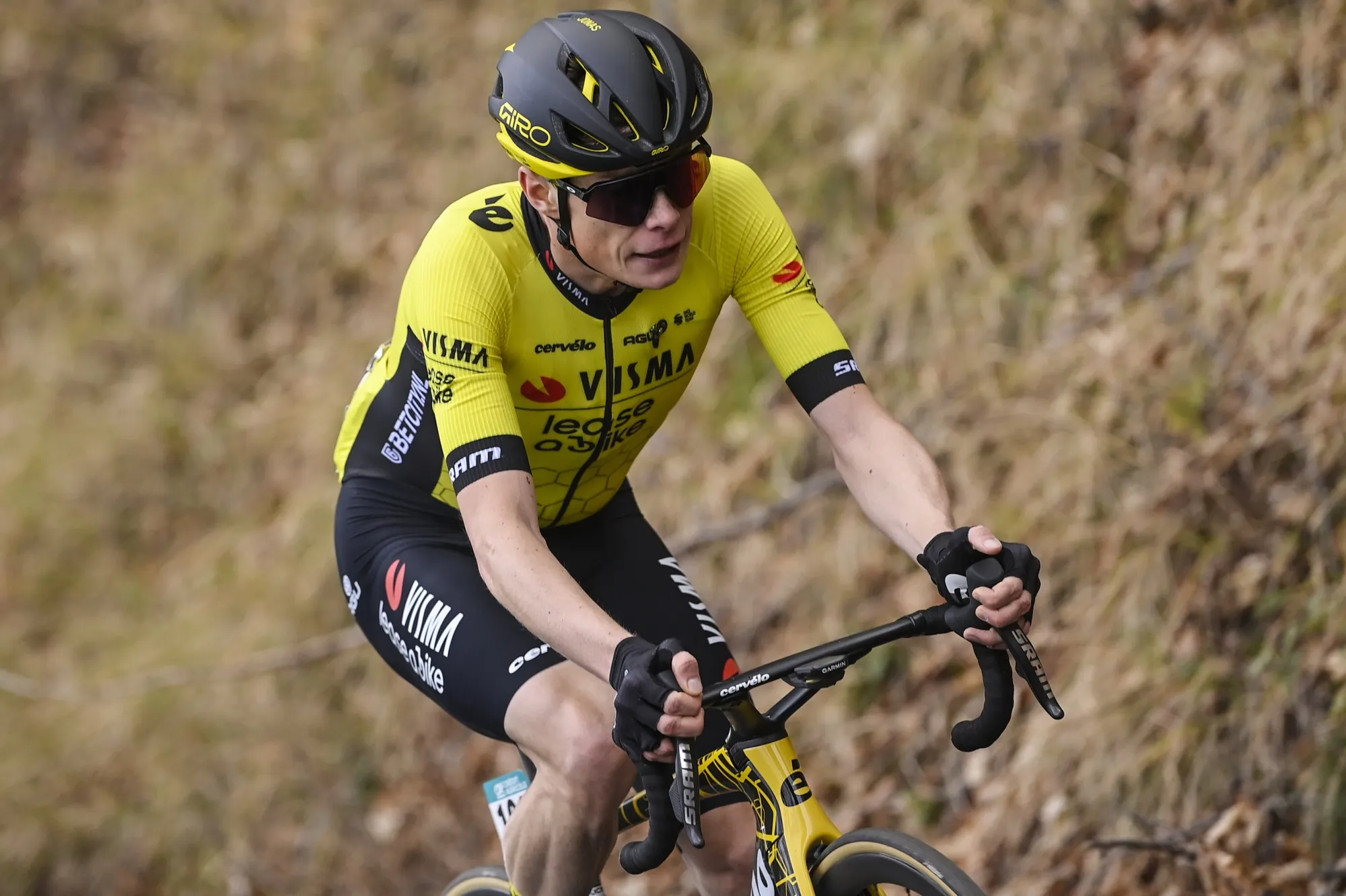 Denmark's Jonas Vingegaard pedals on his way to win the fifth stage of the Tirreno Adriatico cycling race, from Torricella Sicura to Valle Castellana, Italy, Friday, March 8, 2024. Two-time defending Tour de France champion Jonas Vingegaard remained hospitalized in Spain a day after he broke his collarbone and several ribs in a bad crash with other top riders during the Tour of Basque Country. (Fabio Ferrari/LaPresse via AP, File)