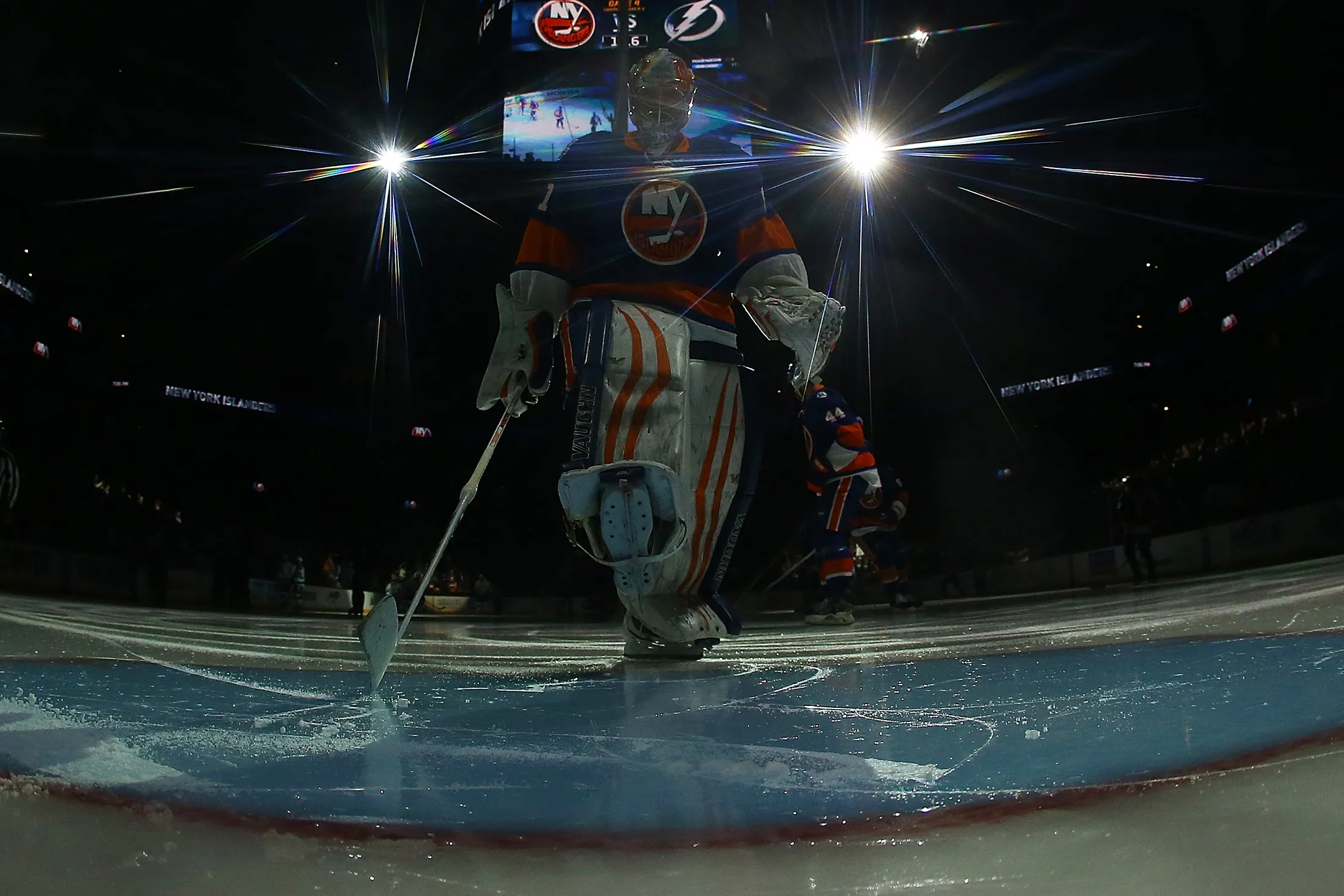 Thomas Greiss of the New York Islanders prepares for a game at Barclays Center in the Brooklyn borough of New York, on May 6, 2016.
