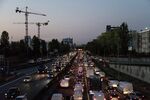 Trucks and automobiles&nbsp;in a morning rush hour traffic jam at Porte de Bagnolet, in Paris.