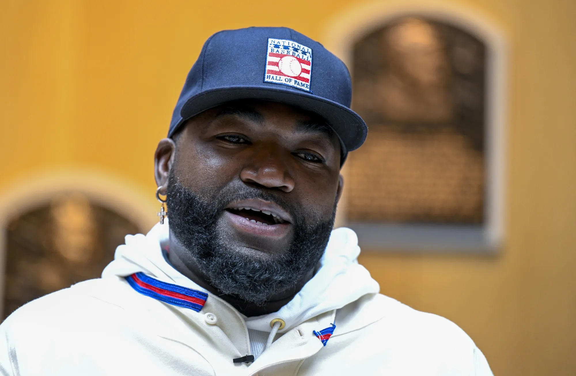 David Ortiz speaks to reporters during a news conference after his orientation tour of the Baseball Hall of Fame and Museum, Monday, May. 2, 2022, in Cooperstown, N.Y. The former Boston Red Sox player will be inducted into the Baseball Hall of Fame on Sunday, July 24. (AP Photo/Hans Pennink, File)