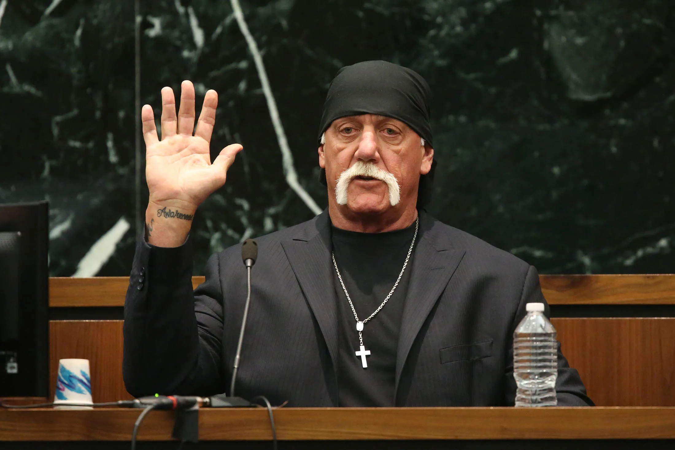 Hulk Hogan, takes the oath in court during his trial against Gawker Media in March 2016.

