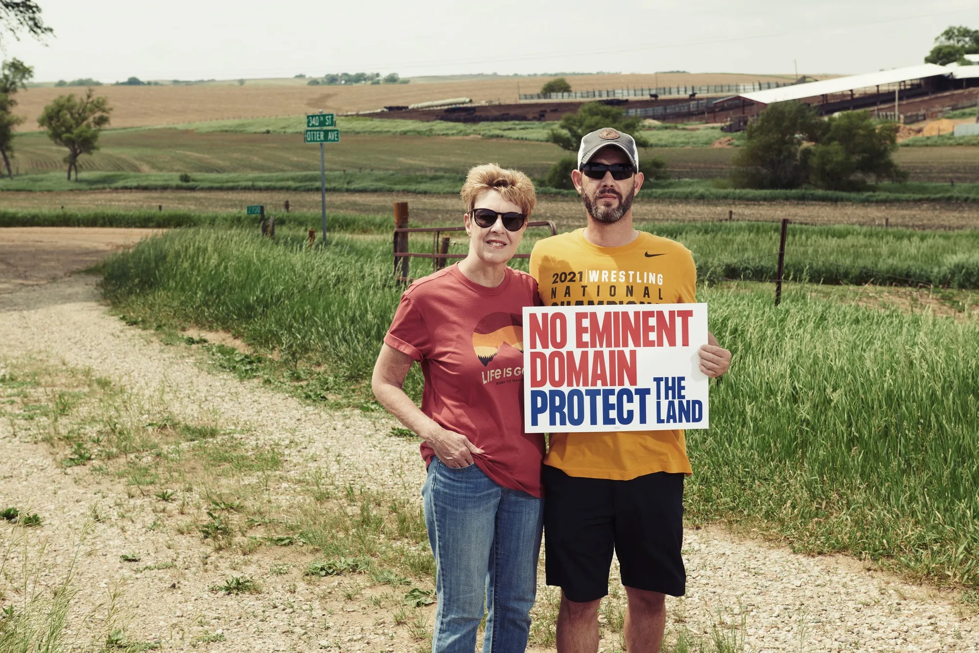 Vicki Hulse and her son, Bill Hulse, oppose a proposed carbon dioxide pipeline near their home in Moville, Iowa.&nbsp;