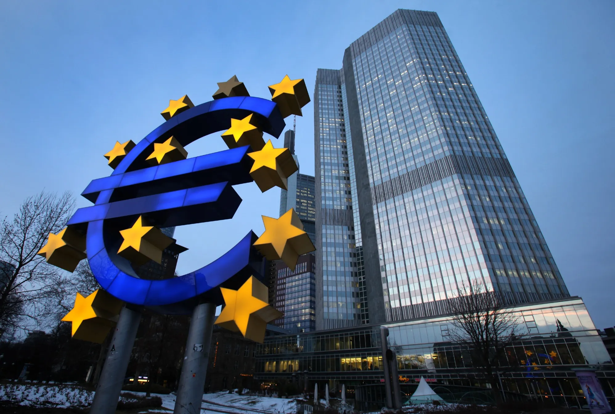 A euro sign sculpture outside the European Central Bank headquarters in Frankfurt, Germany.