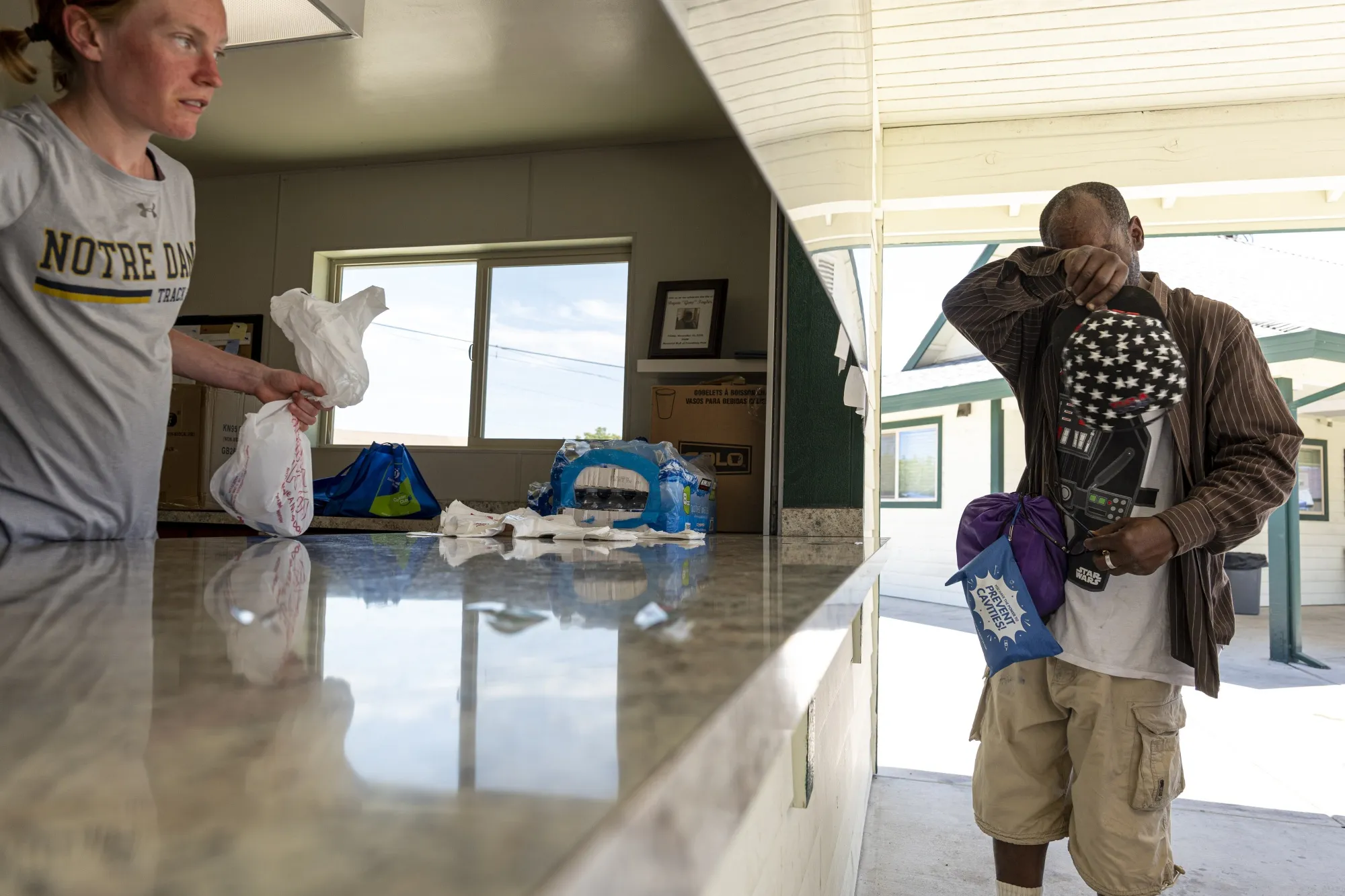 Volunteers hand out water and ice at a homeless services facility during a heatwave in Sacramento.