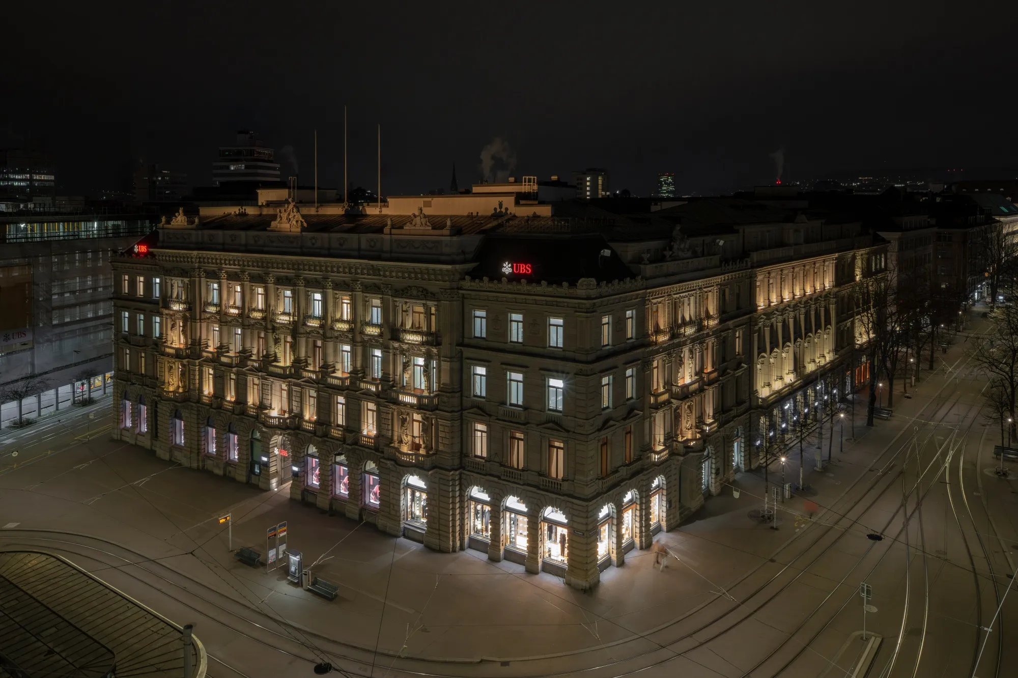 The UBS logo on the former Credit Suisse building at Paradeplatz 8 in Zurich.