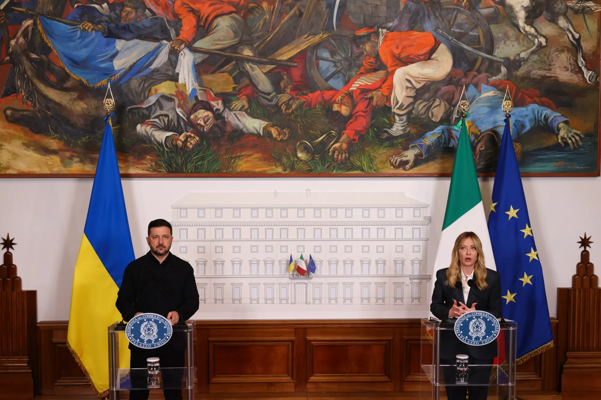 Ukrainian President Volodymyr Zelenskiy and Italian Prime Minister Giorgia Meloni at the Chigi Palace in Rome on April 15.