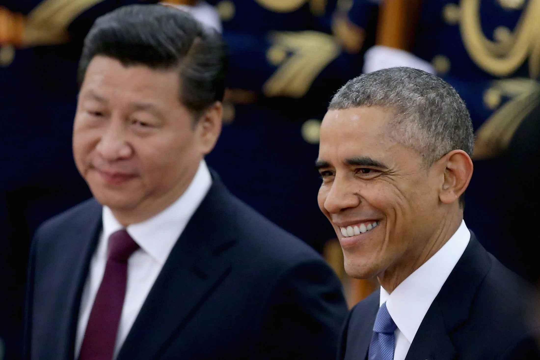 Chinese President Xi Jinping accompanies U.S. President Barack Obama in Beijing on Nov. 12, 2014.

