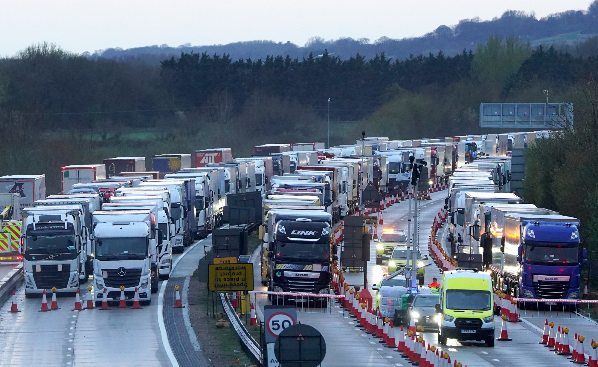 Lorries queued on the M20 near Ashford in Kent as freight delays continue at the Port of Dover, in Kent, on April 7.