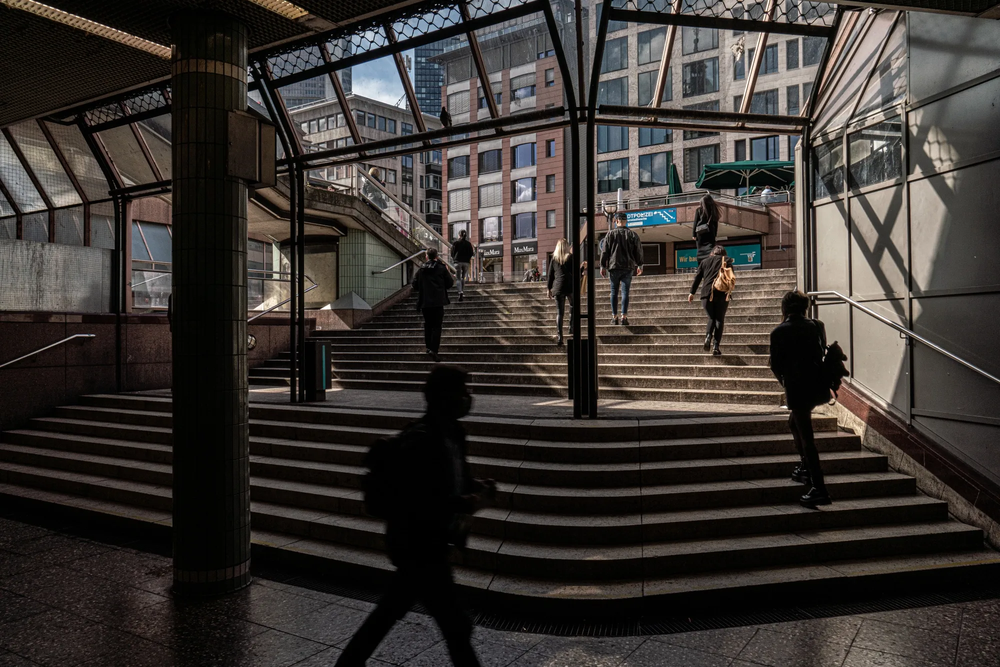 Pedestrians in the financial district of Frankfurt, Germany.