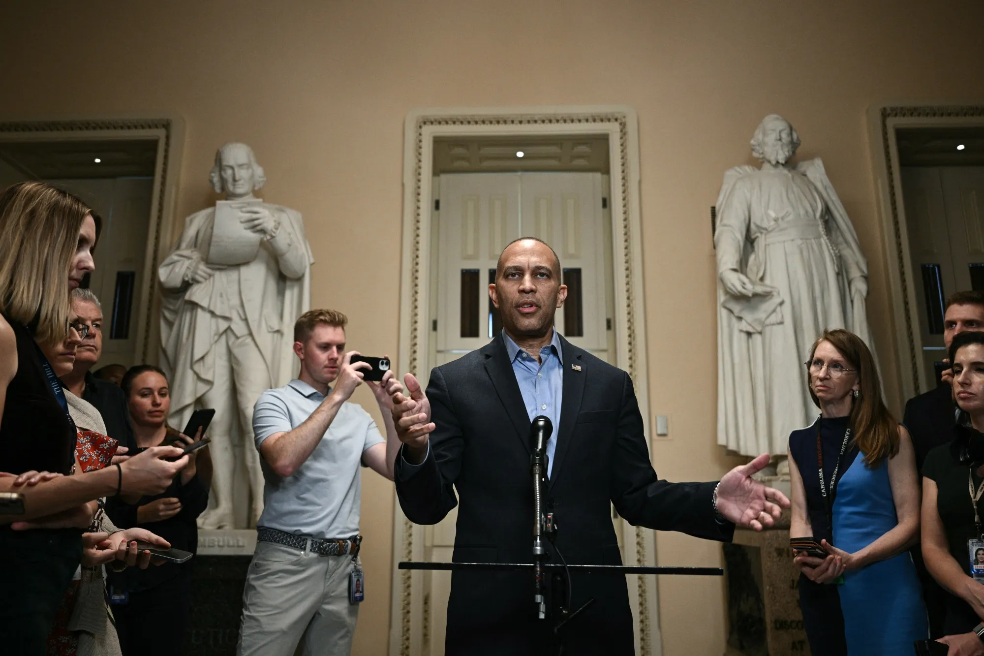Representative Hakeem Jeffries, a Democrat from New York, speaks to members of the media at the US Capitol in Washington on Sept. 24.
