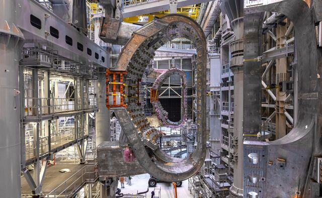 Looking through the centers of two 485-ton sections of the plasma chamber under construction for the ITER 