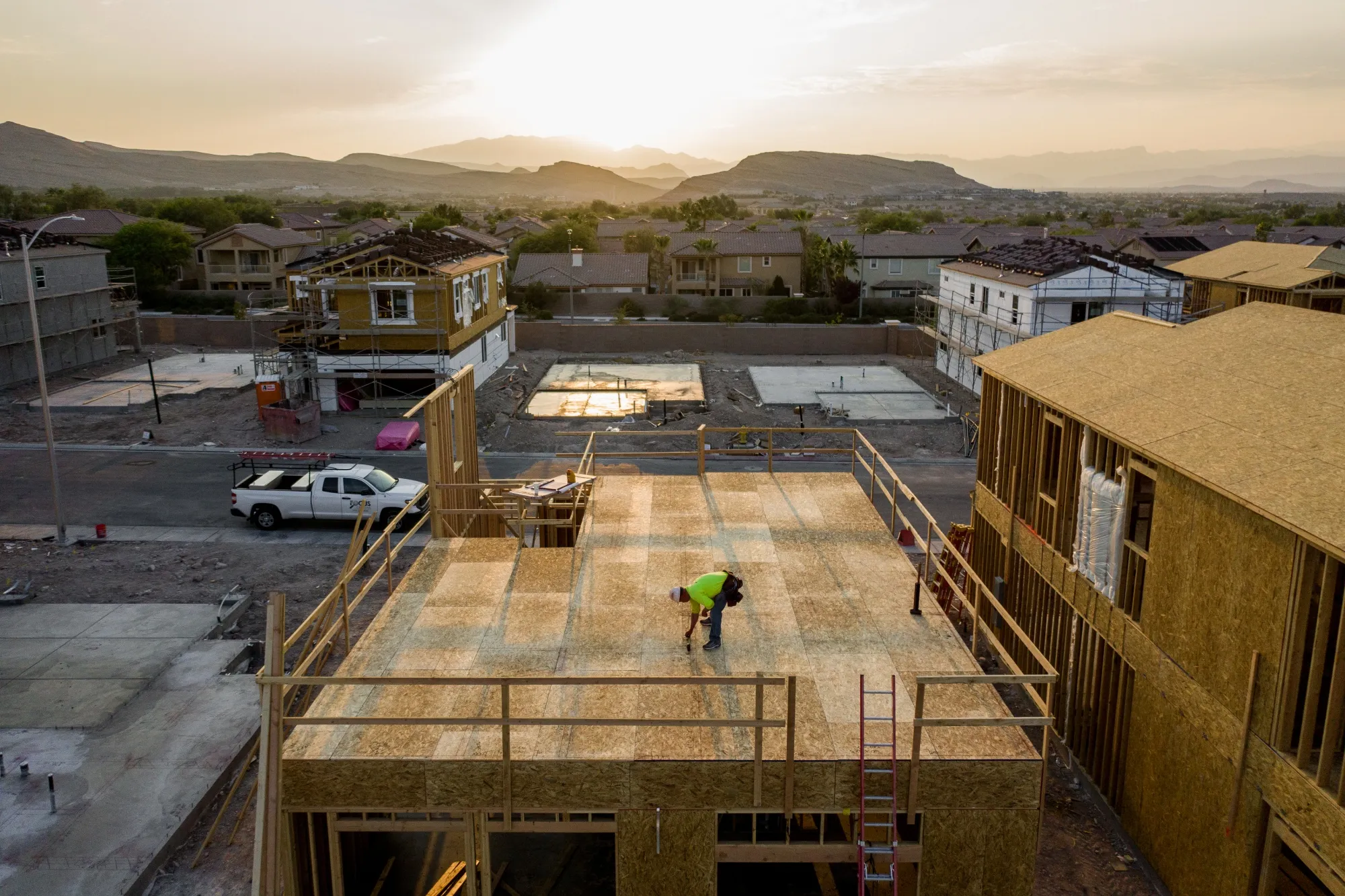 A contractor works on a home under construction in Las Vegas.