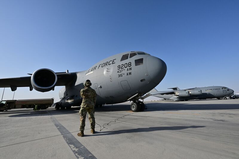A US military transport aircraft on the tarmac at the Al-Udeid air base southwest of Doha.