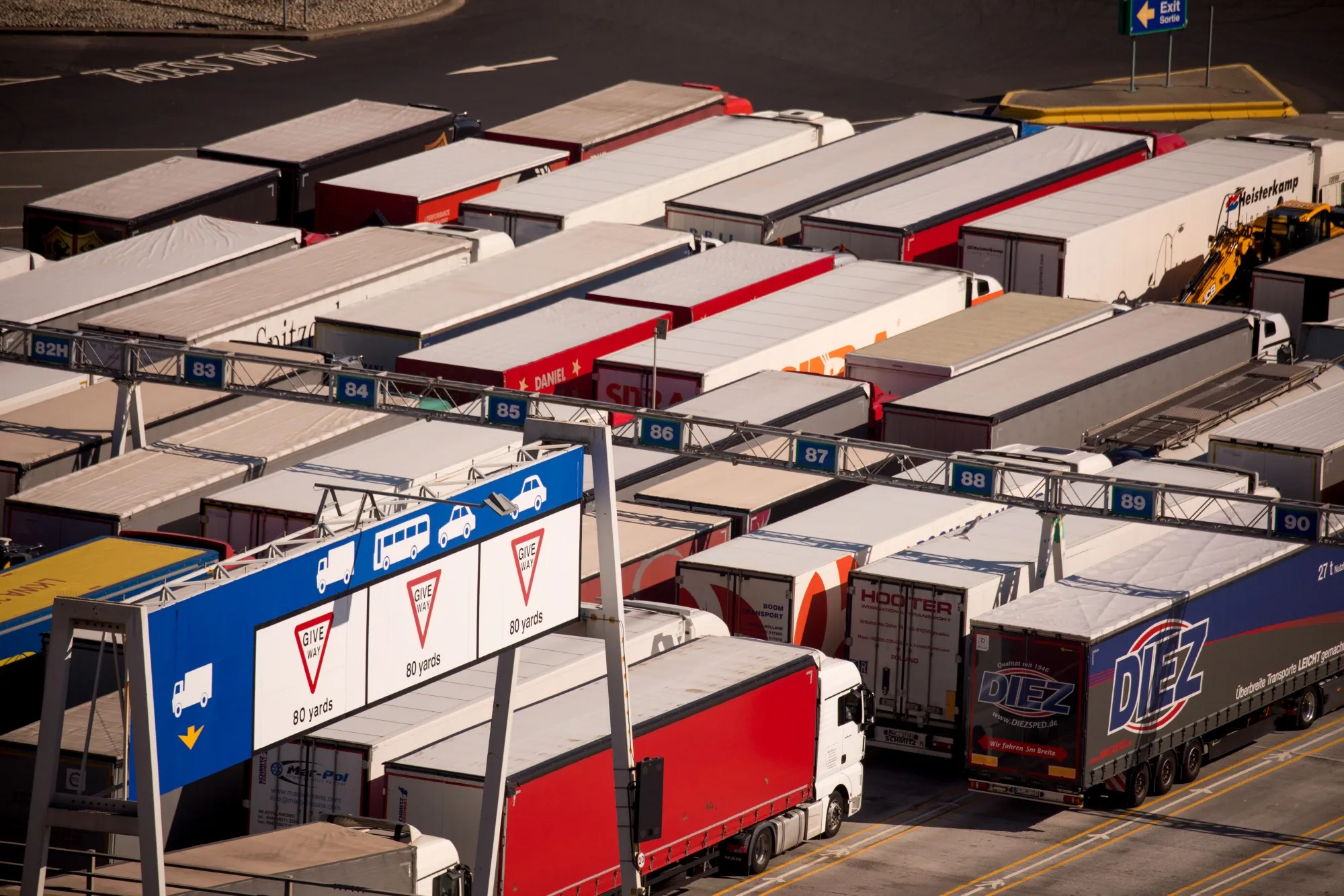 Trucks are held after entry at the Port of Dover Ltd. in Dover, on Sept. 14.