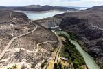 Low water levels at the La Boquilla dam in La Boquilla, Chihuahua state, Mexico, on Wednesday, April 16, 2025. Mexico's President Claudia Sheinbaum said her country would deliver more water to Texas as part of a border agreement but that supplies had been limited by several years of drought.