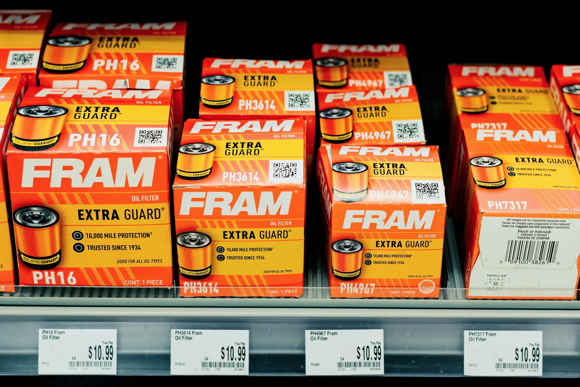 Fram oil filters, owned by First Brands Group, at an auto parts store in Memphis, Tennessee.