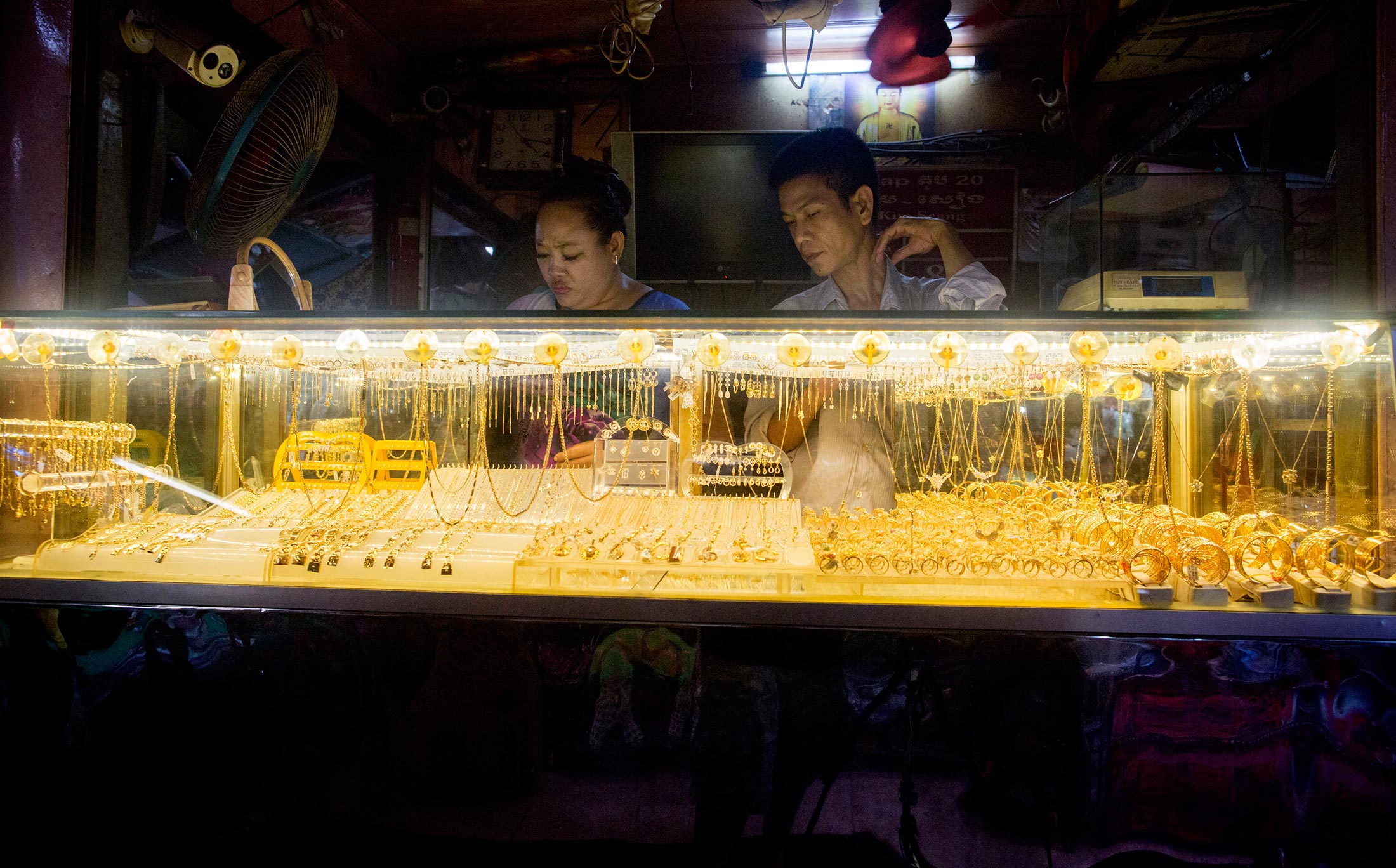 Gold jewelry sits on display at a store in Phnom Penh, Cambodia, on Sept. 25.
