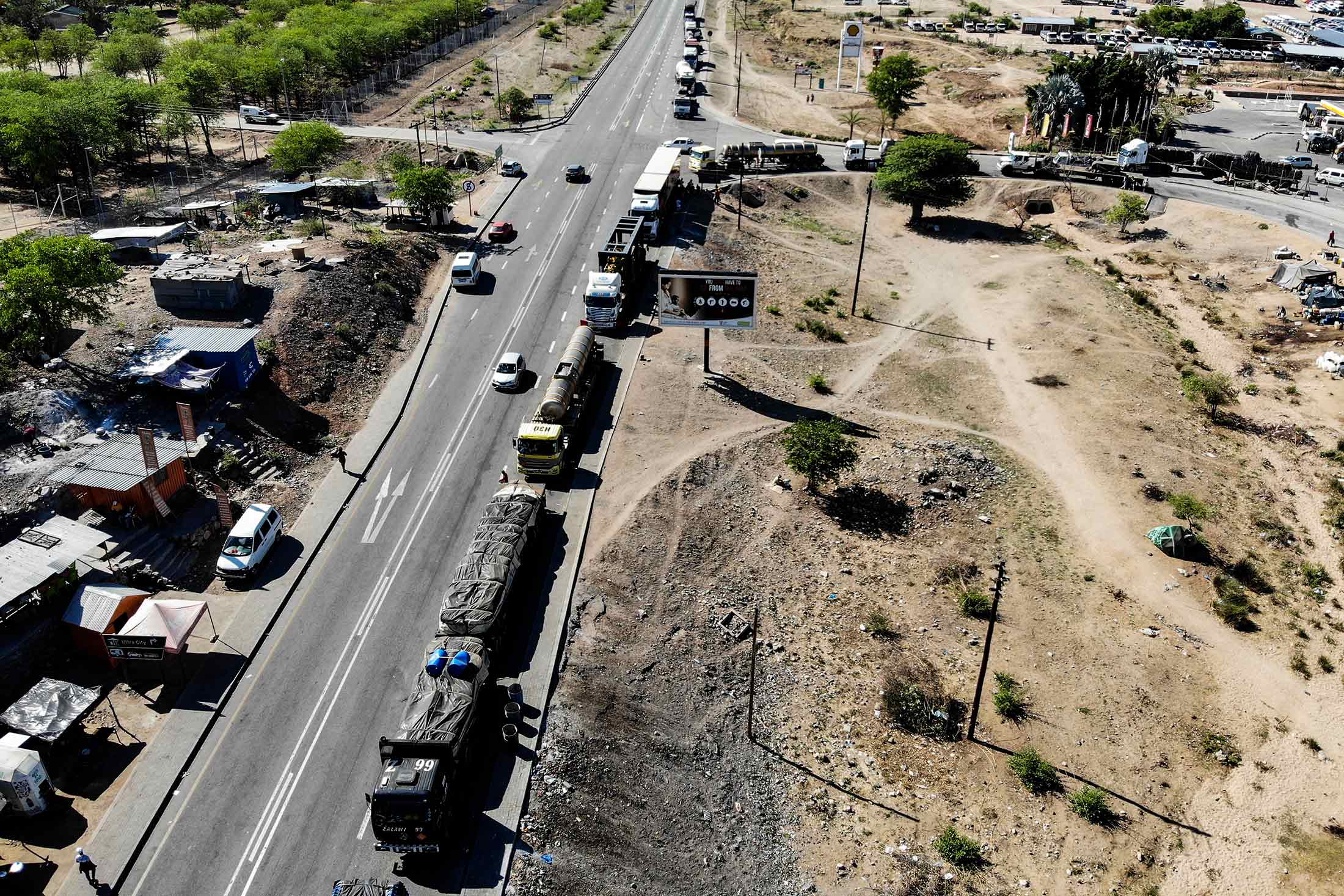 A queue builds as trucks wait to go through immigration formalities at Beitbridge on the South Africa-Zimbabwe&nbsp;border.