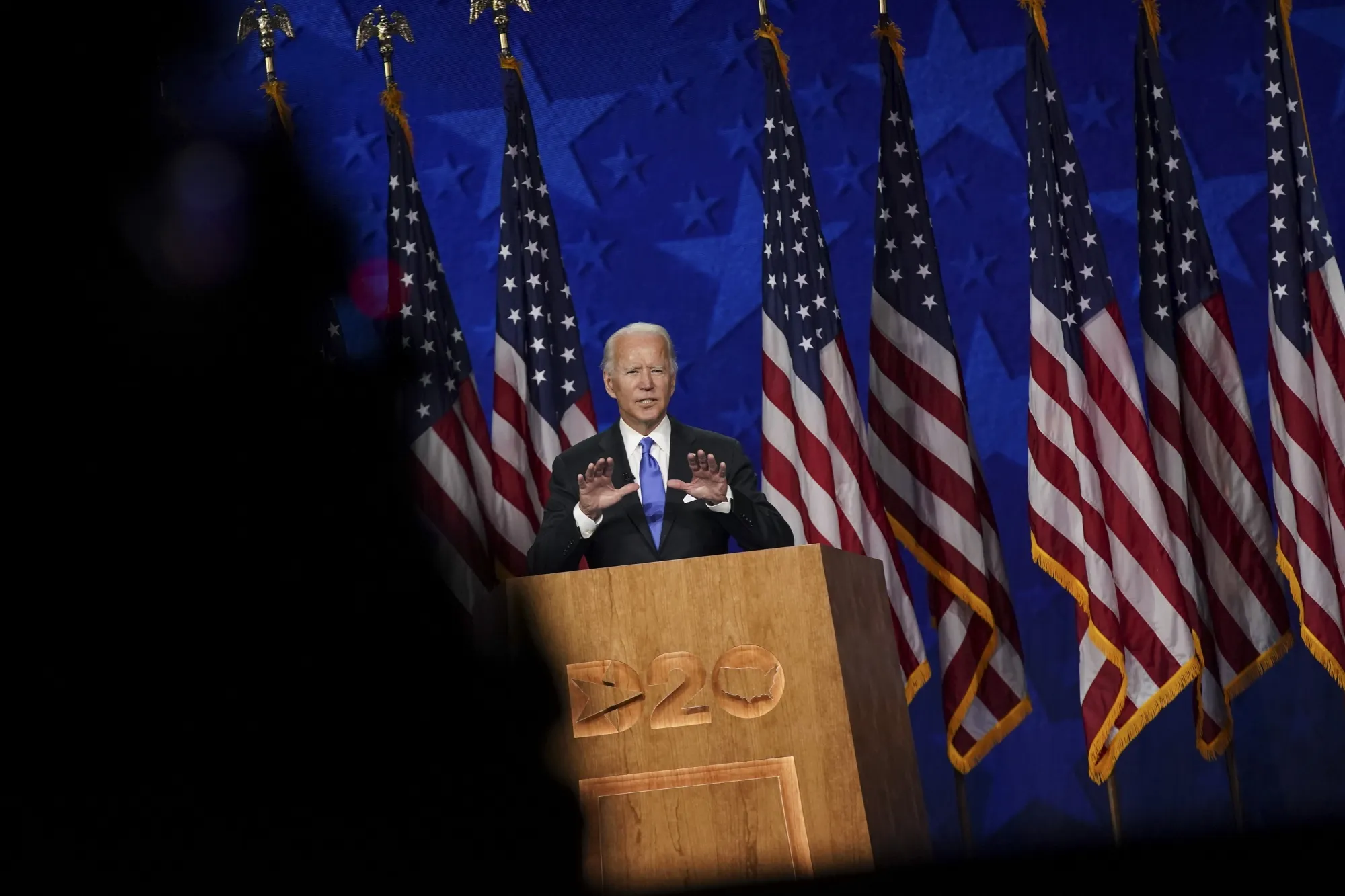 Former Vice President Joe Biden, Democratic presidential nominee, speaks during the Democratic National Convention in Wilmington, Delaware on Aug. 20, 2020.&nbsp;