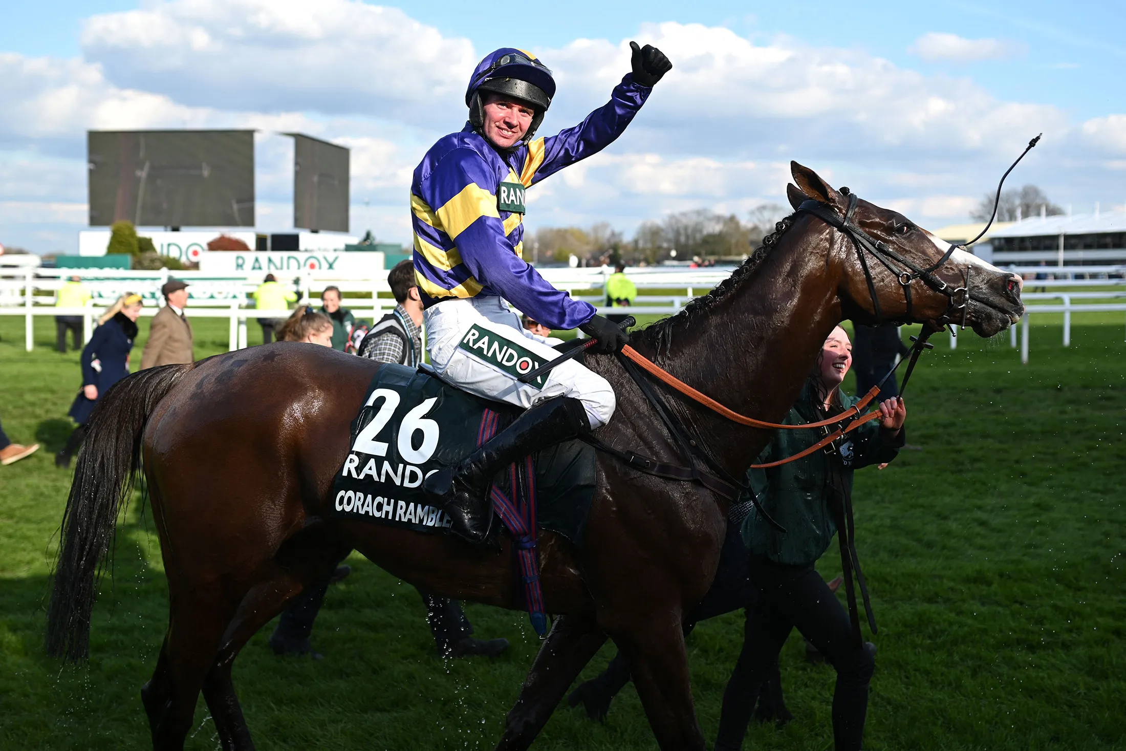 Jockey Derek Fox returns after riding Corach Rambler to victory in the Grand National Steeple Chase on the final day the final day of the Grand National Festival horse race meeting at Aintree Racecourse in Liverpool, England, on April 15.