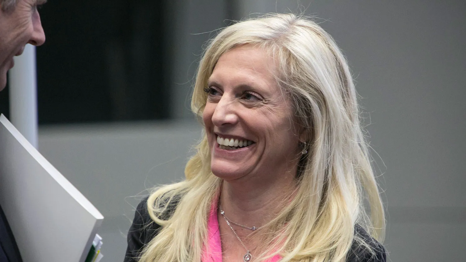 Lael Brainard, governor of the U.S. Federal Reserve, reacts as she speaks with other attendees during a banking supervision forum at the ECB headquarters in Frankfurt, Germany, on Nov. 4, 2015.
