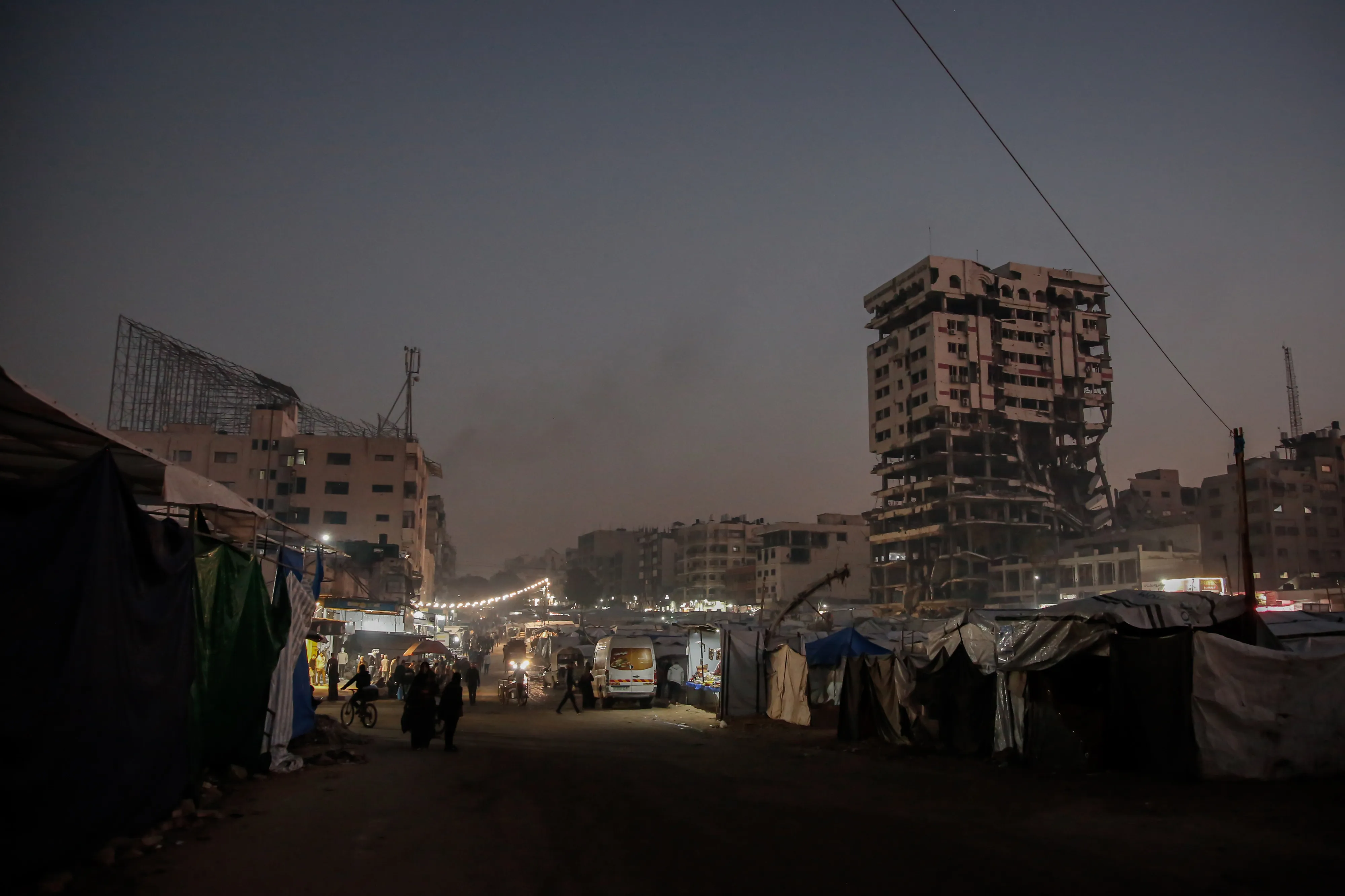 An illuminated street in Gaza City, Gaza.