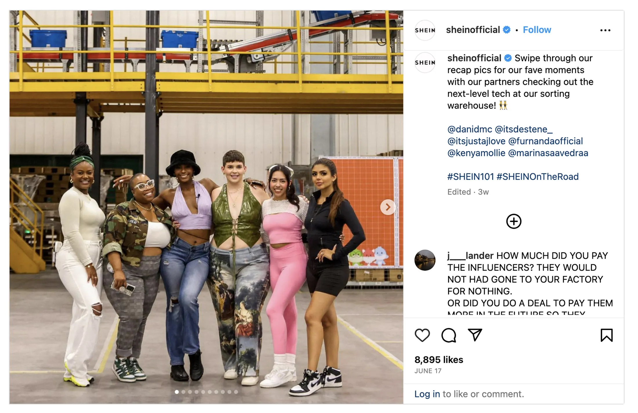 A group shot of influencers on a brand-sponsored trip to a Shein warehouse in China.