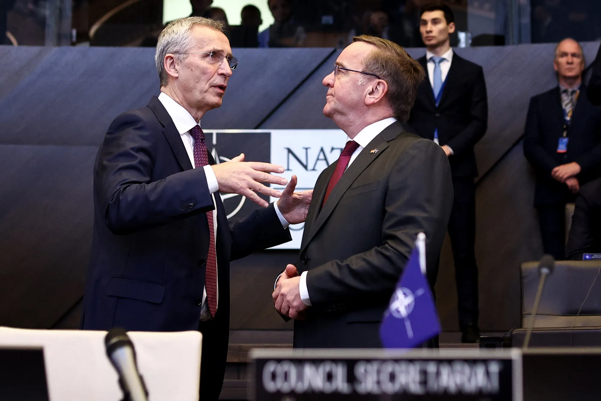 Boris Pistorius, right, and Jens Stoltenberg at NATO headquarters on Feb. 15.