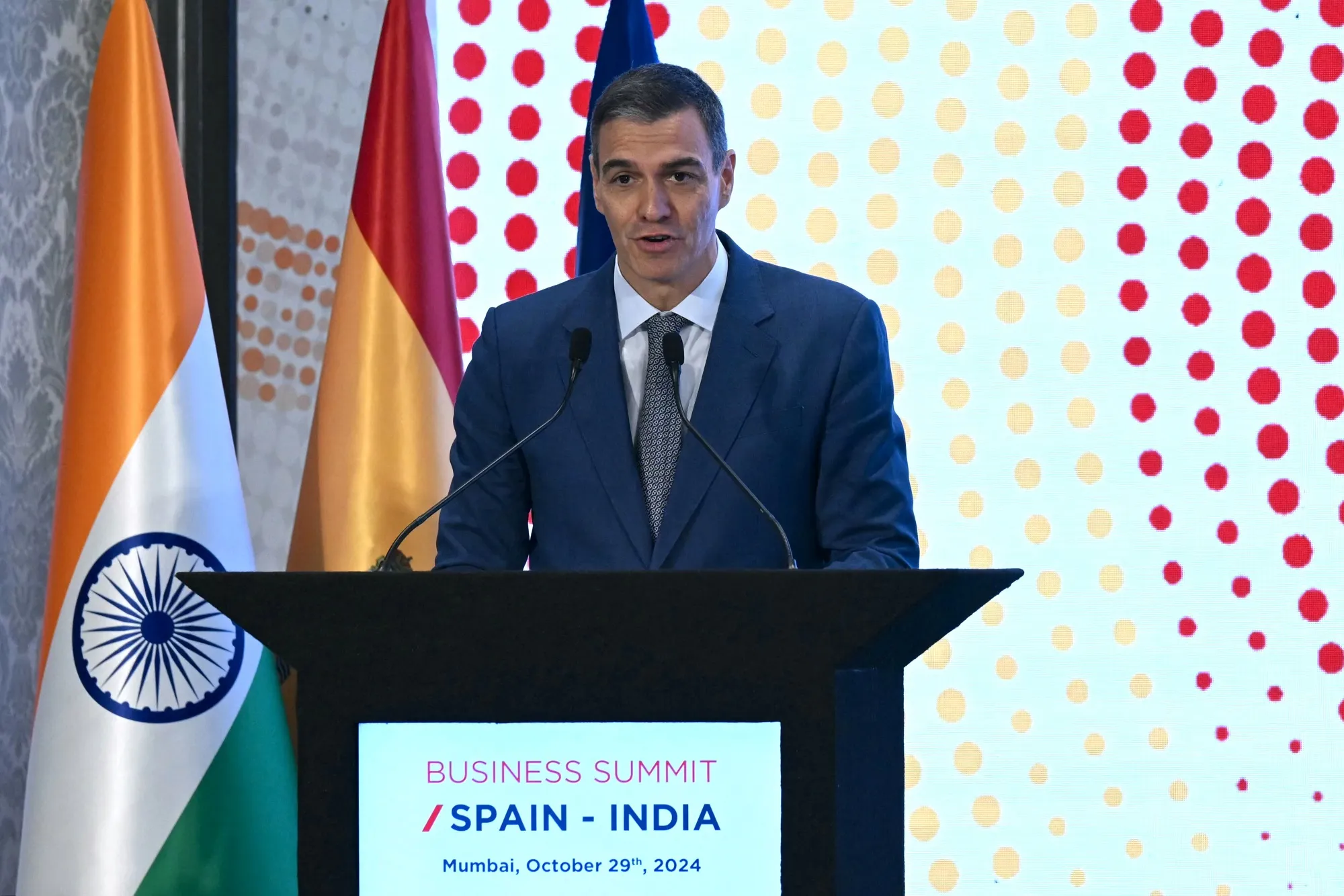Spain's Prime Minister Pedro Sánchez&nbsp;in&nbsp;Mumbai, in 2024.
