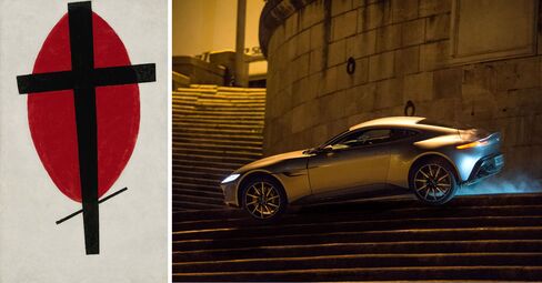 Left: Kazimir Malevich, Mystic Suprematism (Black Cross on Red Oval), 1920-22. Right: A reported $37 million worth of cars was destroyed in the filming of the new James Bond flick.