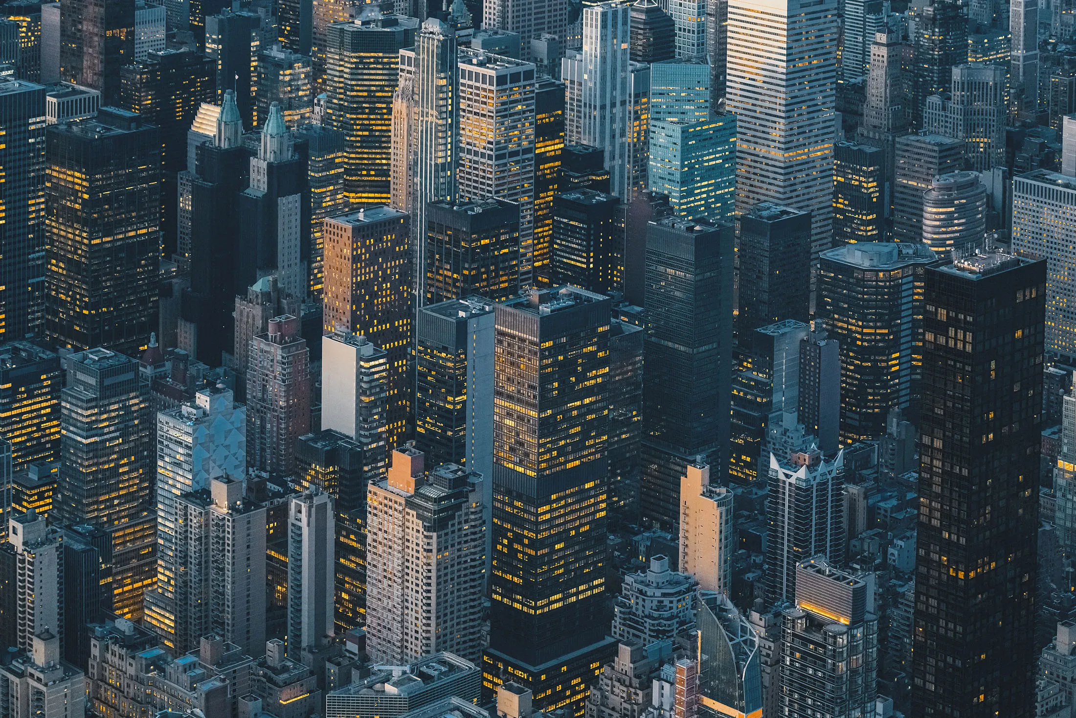 Aerial view of New York City skyline at sunset RF