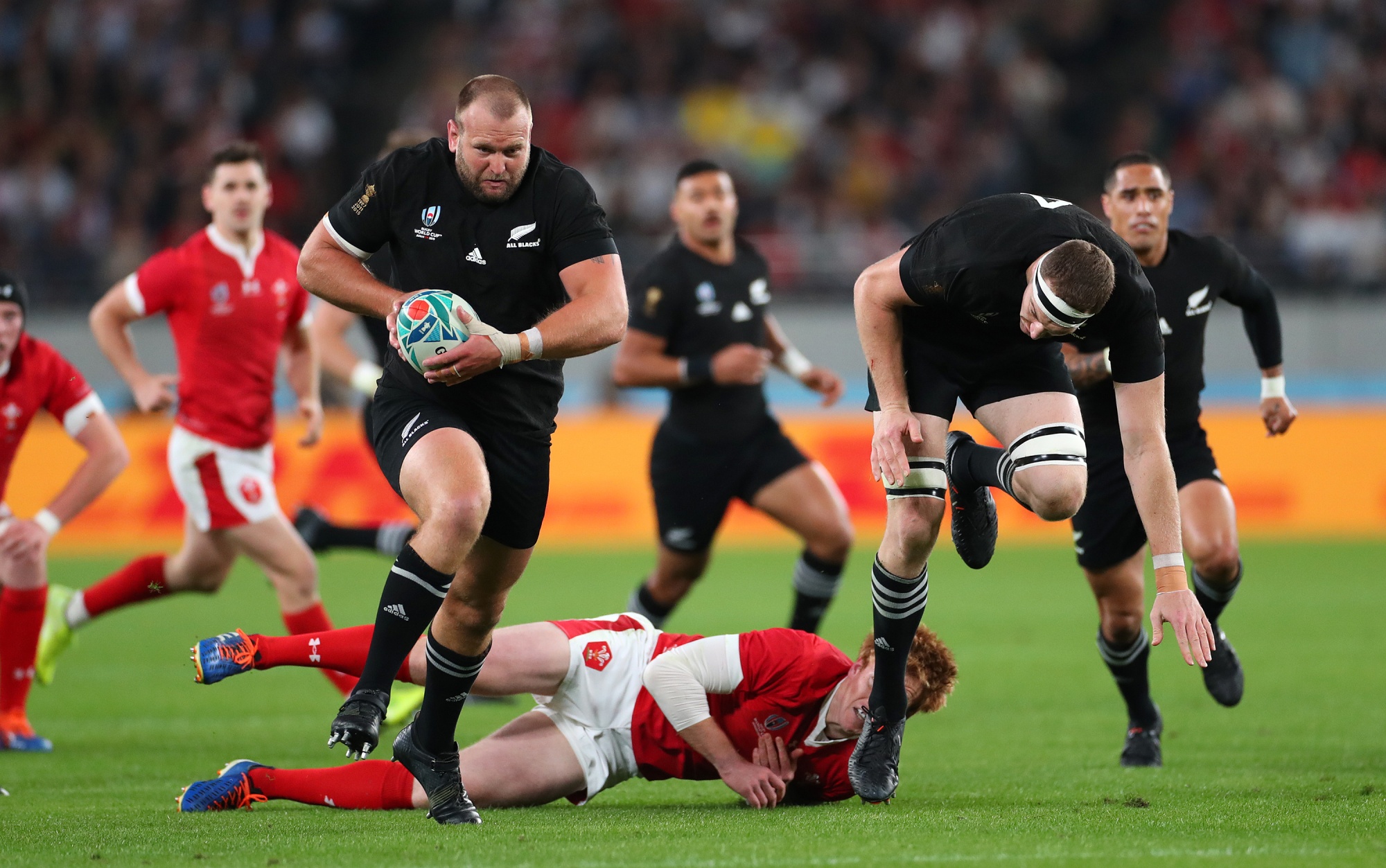 New Zealand’s Joe Moody breaks away to score the opening try during the Rugby World Cup match between New Zealand and Wales in Tokyo in 2019.