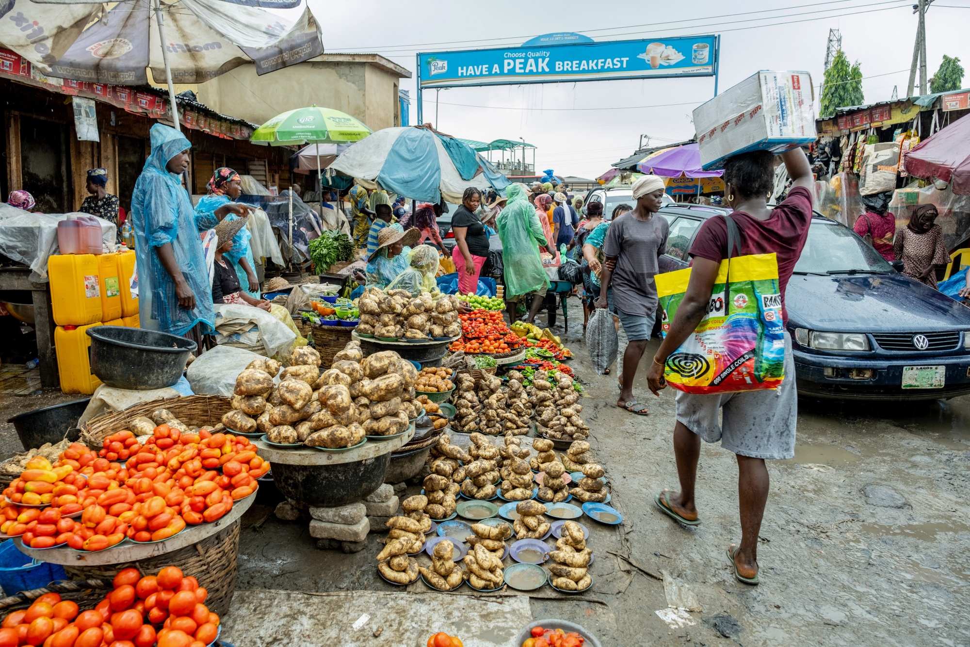 Vendors sell fresh produce at a food market in Lagos, Nigeria.