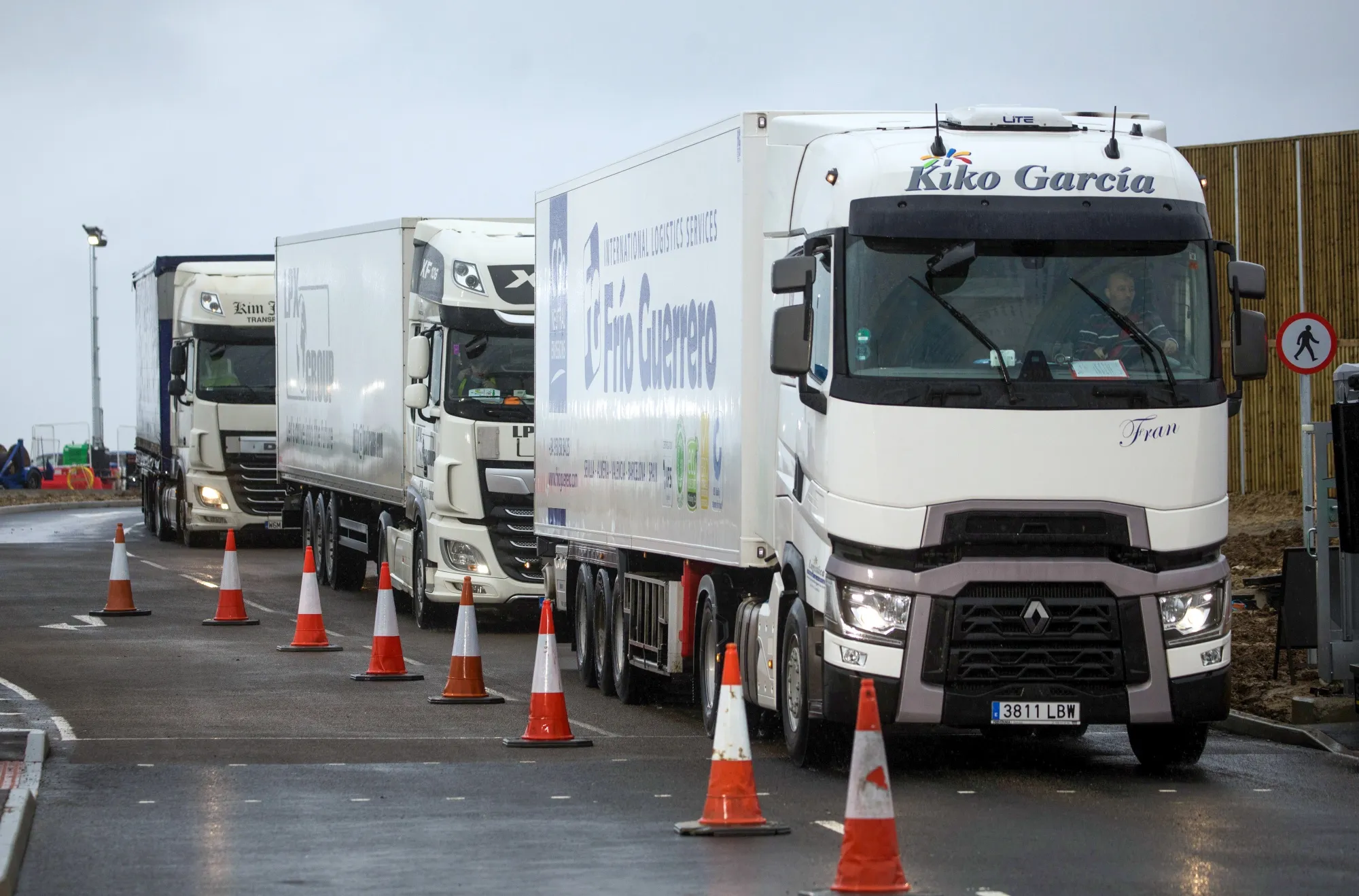 Trucks at the exit to the Sevington Inland Border facility for customs clearance near Mersham, U.K.