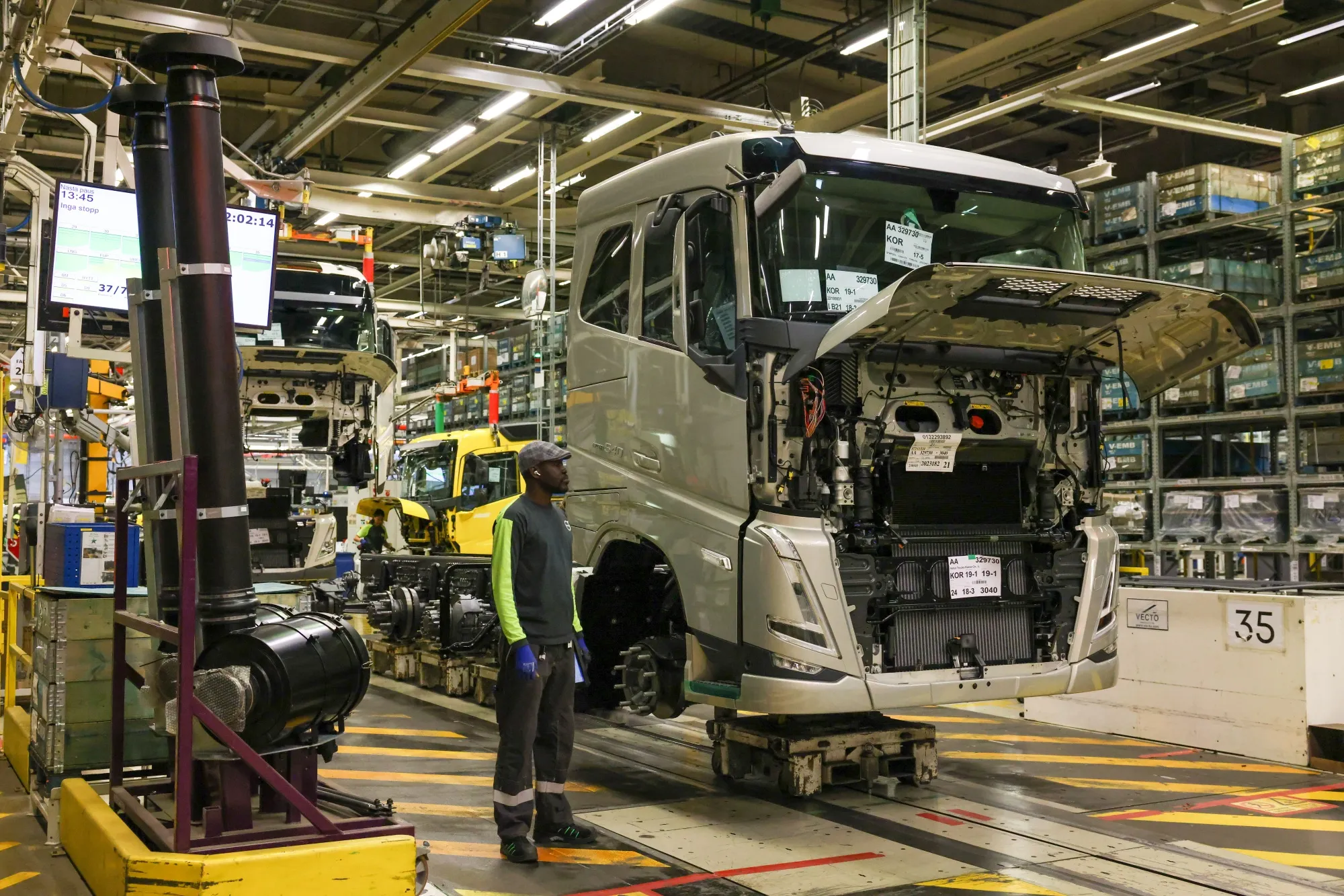 The assembly line at the Volvo AB Trucks Tuve plant in Gothenburg, Sweden.