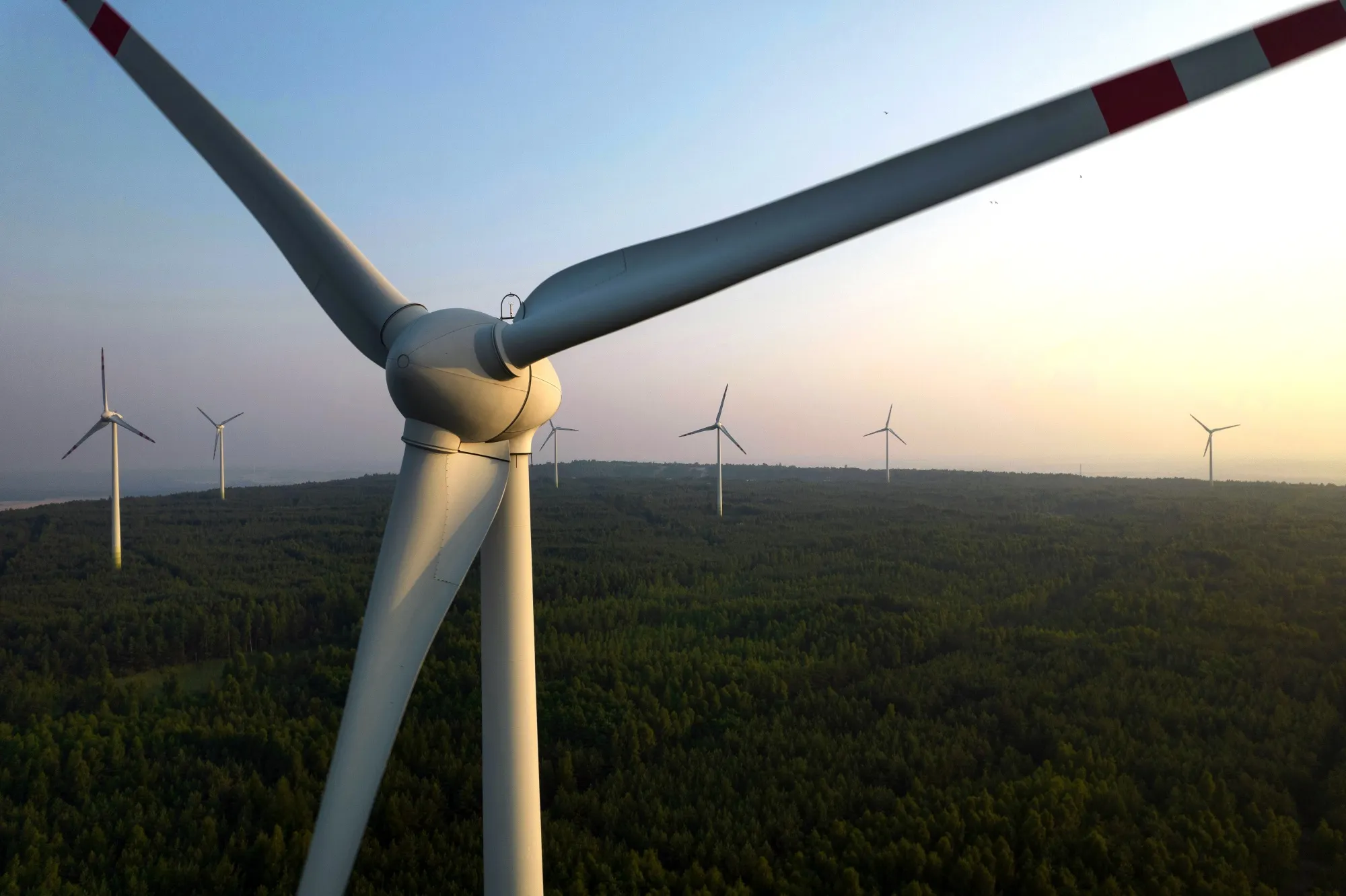 Wind turbines at a wind farm in Kamiensk, Poland.