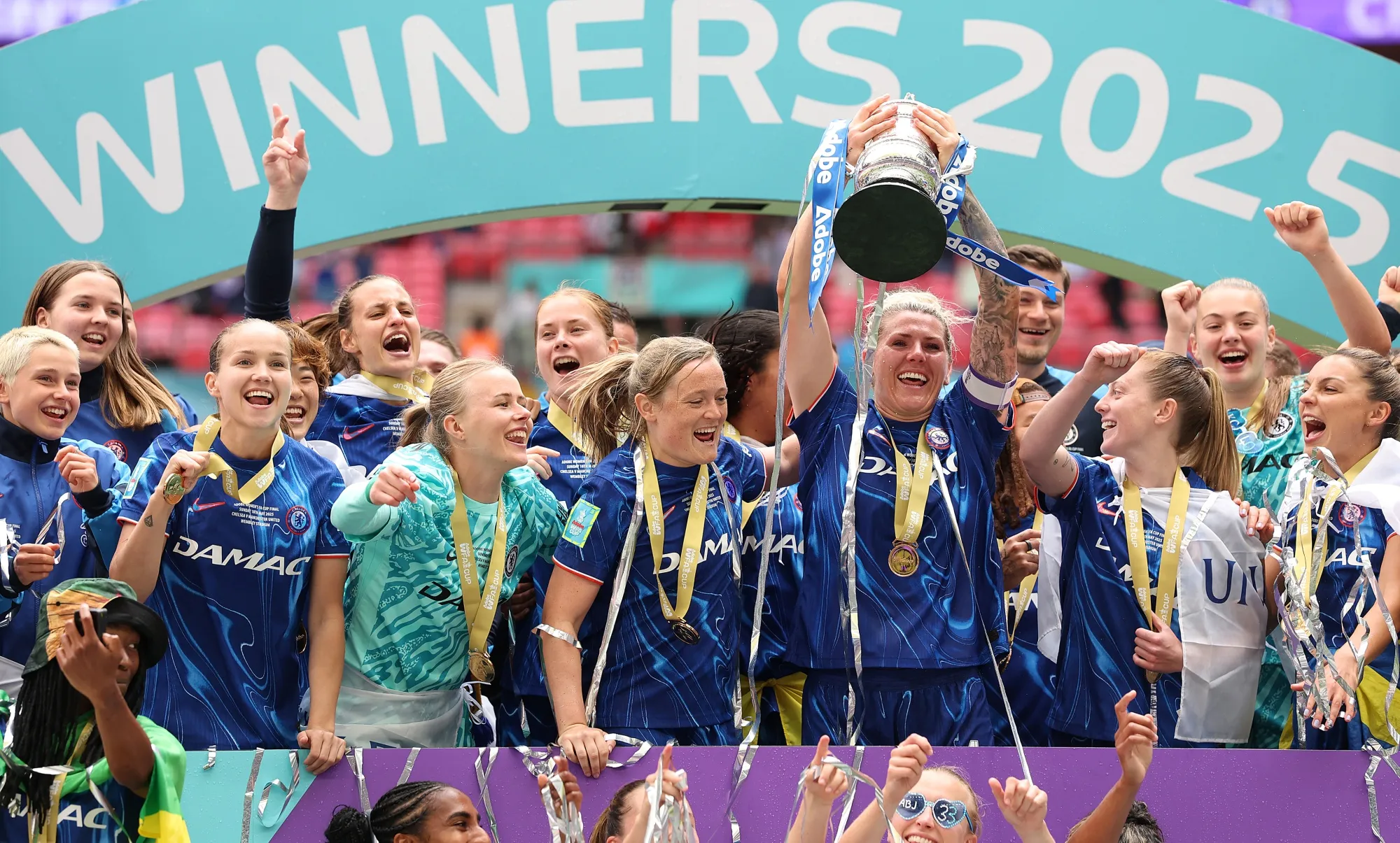 Chelsea F.C. women’s team&nbsp;celebrate&nbsp;following their team's victory in The Adobe Women's FA Cup Final match between Chelsea and Manchester United,&nbsp;in May.