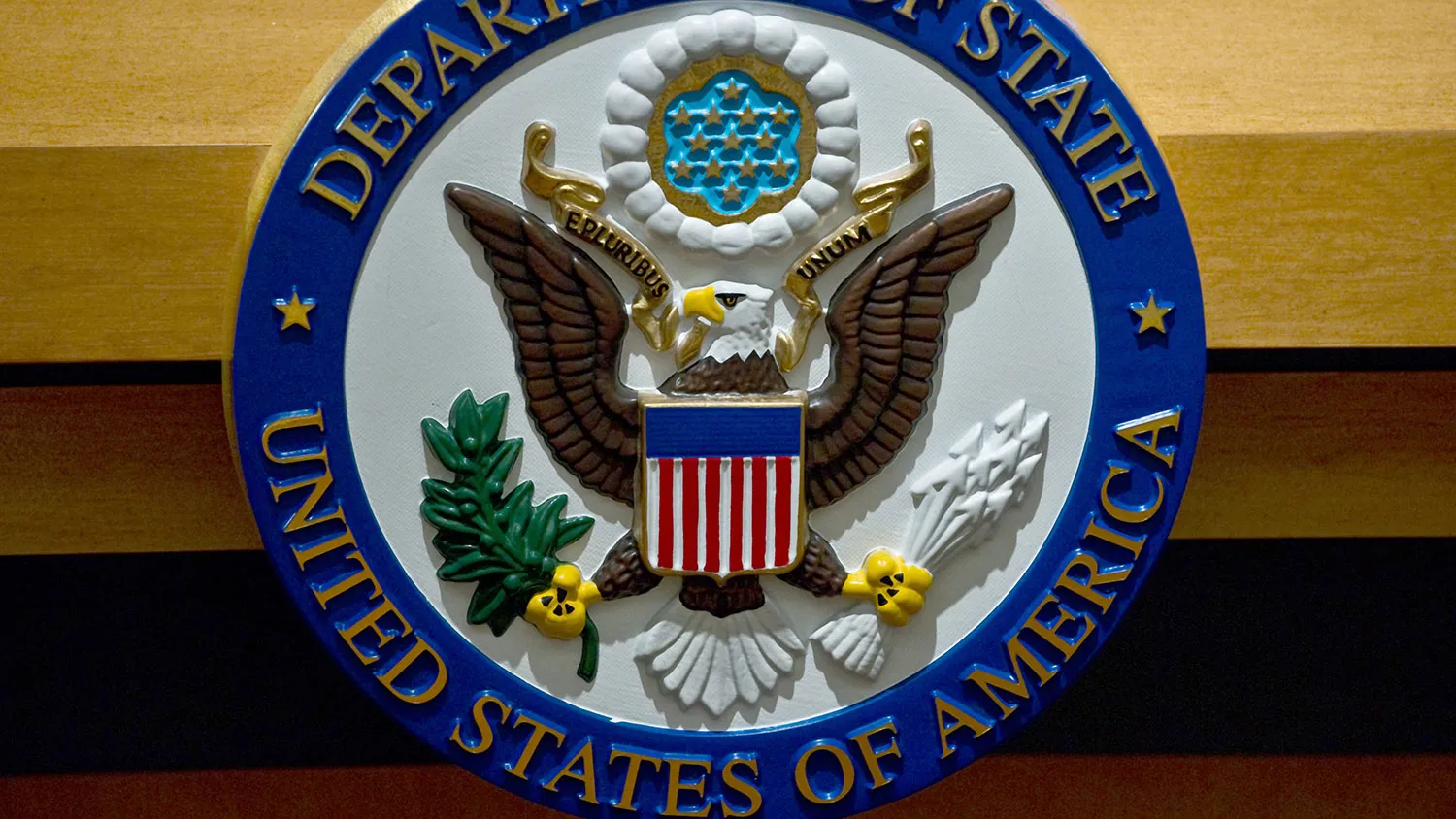 The seal of the US State Department is seen at the State Department briefing room in Washington,DC on February 4, 2011.
