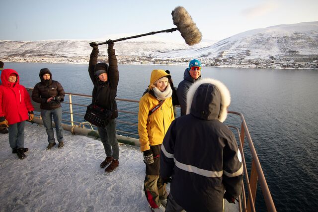 Sea physicist Stefanie Arndt gives an interview to a film crew aboard the Dranitsyn icebreaker on Jan. 29, 2020.
