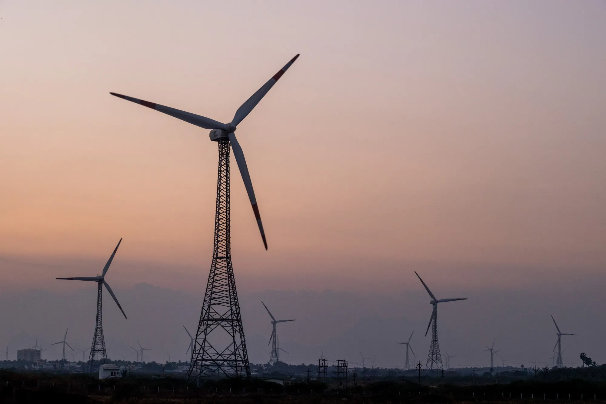 Wind turbines in the vicinity of the Kudankulam Nuclear Power Plant, near Kudankulam, India.
