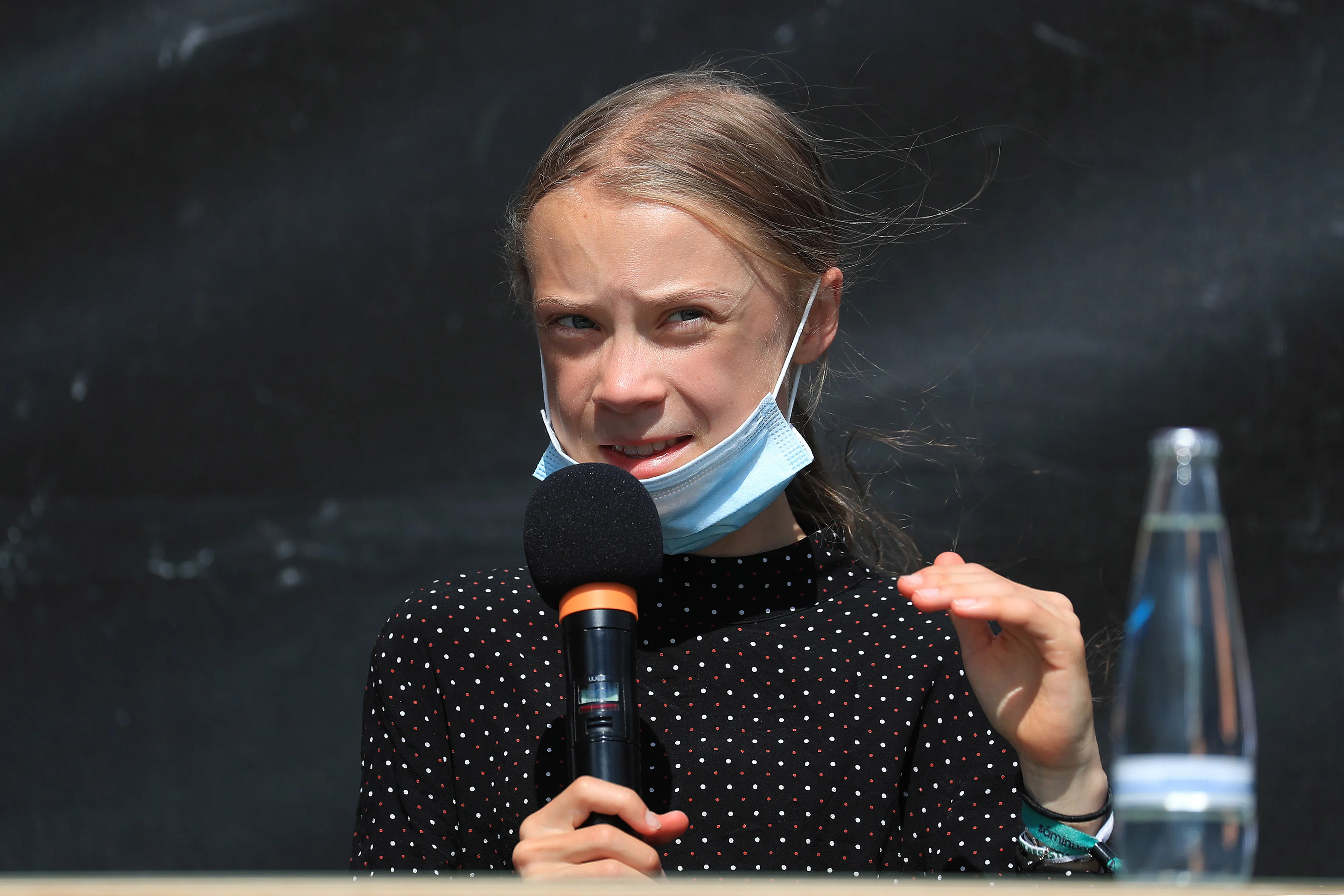 Greta Thunberg speaks during a news conference on the roof of the House of World Cultures in Berlin, on Aug. 20.