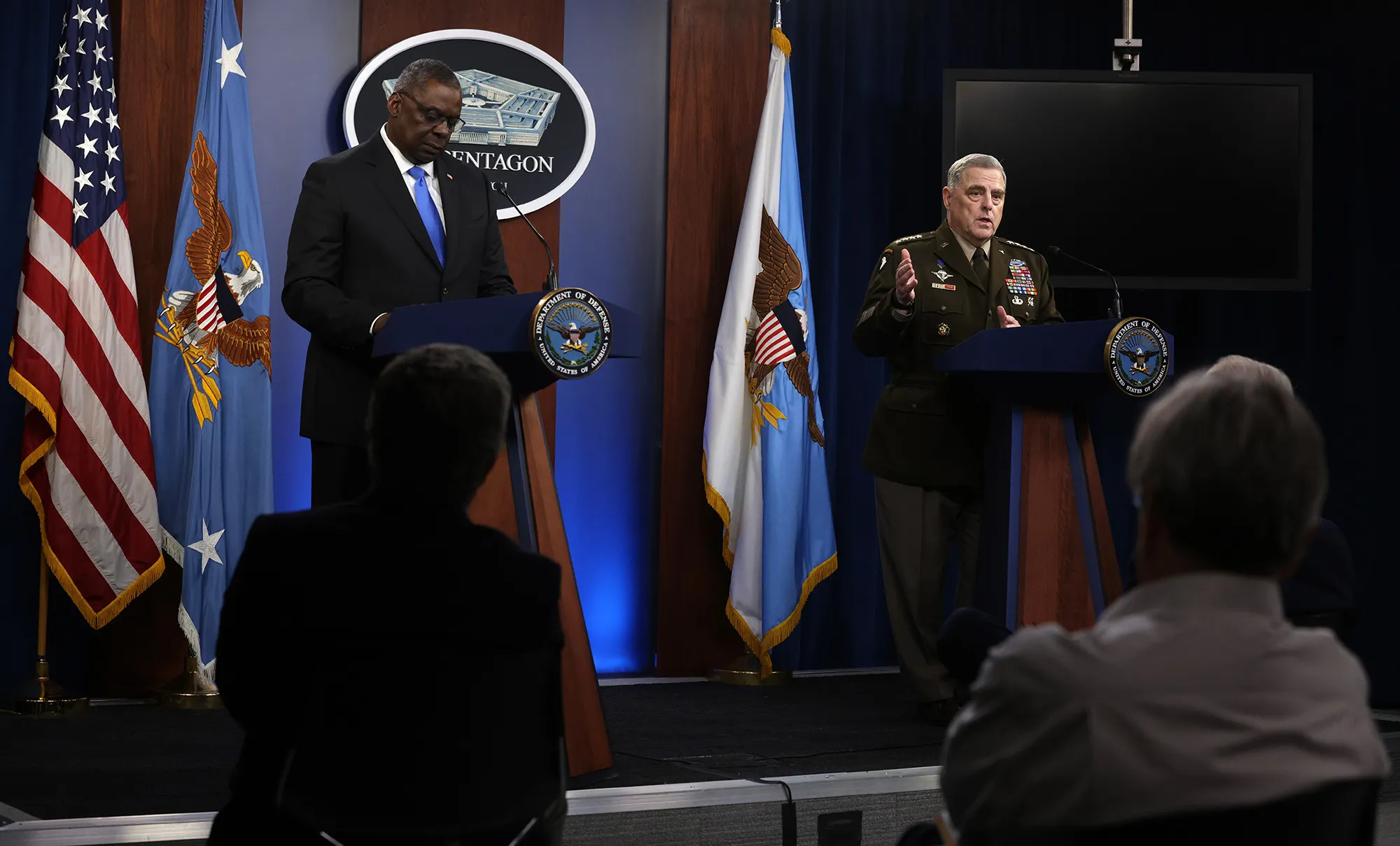 U.S. Secretary of Defense Lloyd Austin and Chairman of Joint Chiefs of Staff Gen. Mark Milley participate in a news briefing at the Pentagon on July 21.