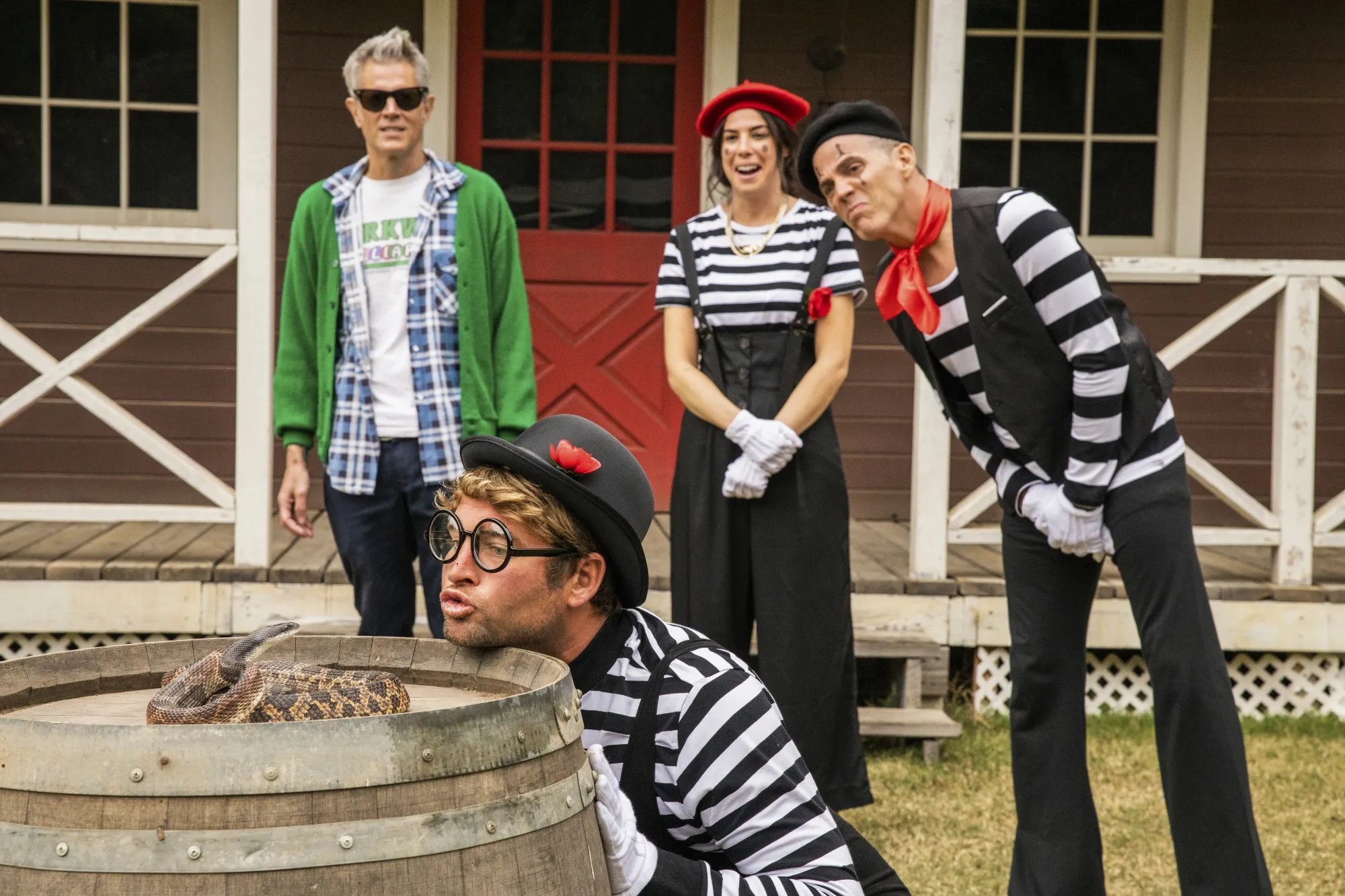 Johnny Knoxville, Sean “Poopies” McInerny, Rachel Wolfson and Steve-O in a scene from “Jackass Forever.”