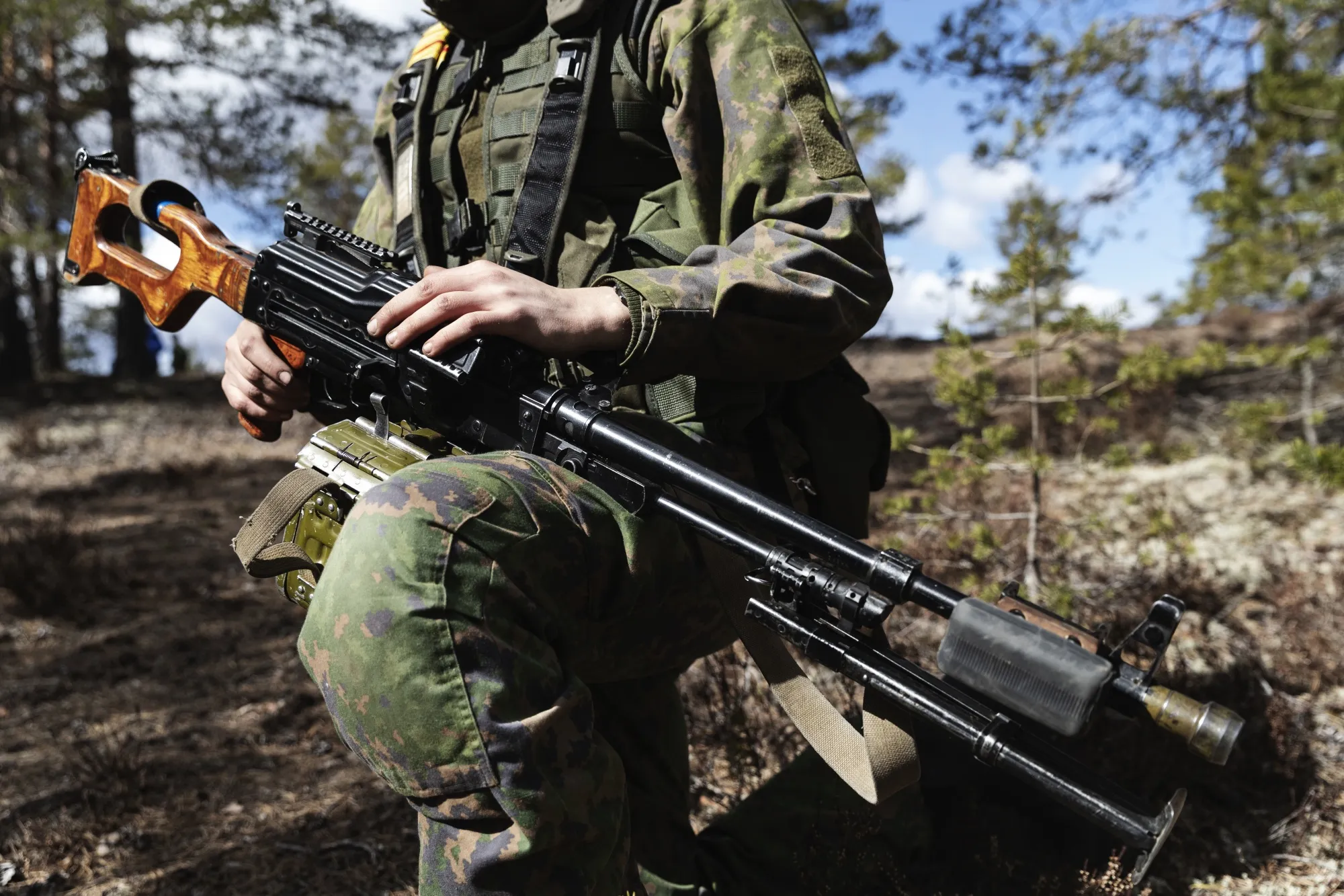 A soldier from Finnish Defence Forces during the Finnish Army Arrow 22 training exercise,, in Niinisalo, Finland, on May 4.