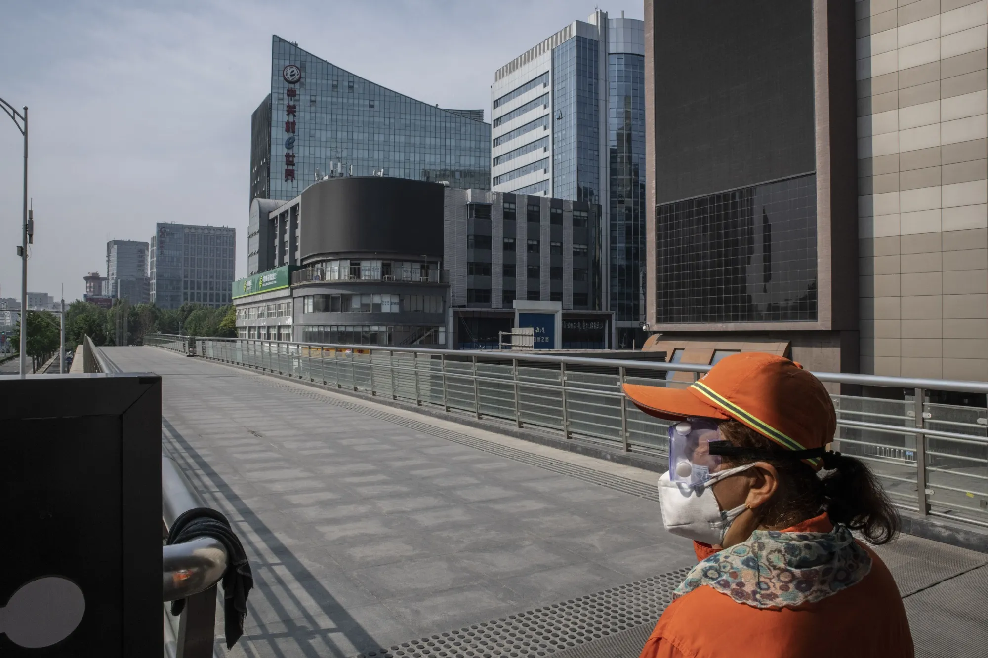 An empty pedestrian footbridge in Beijing.